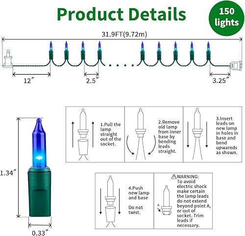 Miniatura 3 de LAMPHOME Luces de Navidad azules superbrillantes extensibles, 150 luces, 31.9 pies, con certificación UL, juego de mini luces para árbol de Navidad