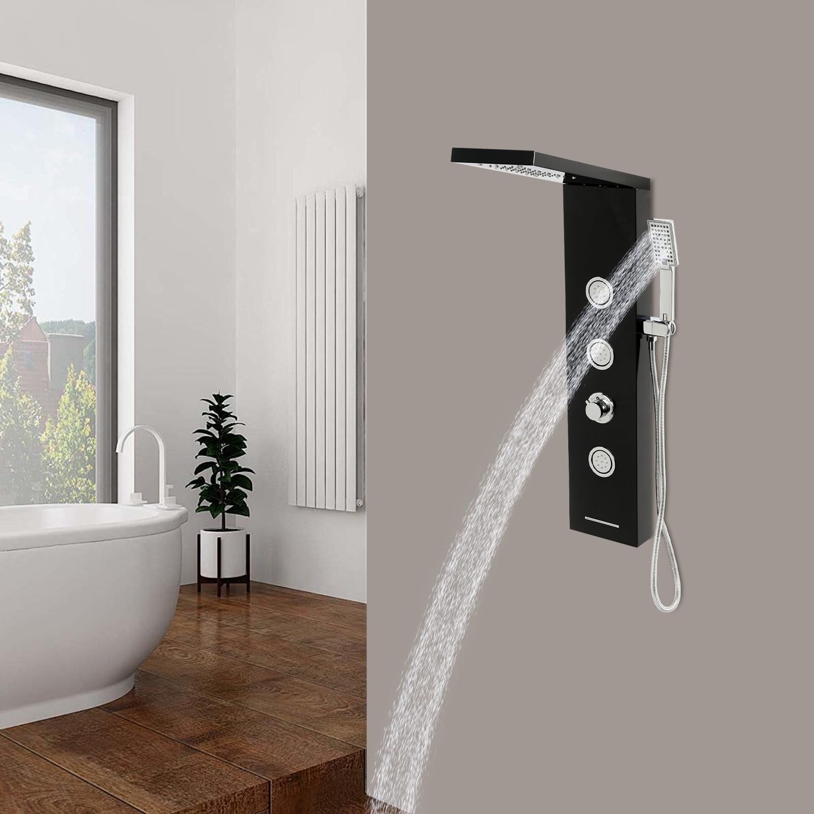 Panel de ducha con grifo, columna de ducha con iluminación LED, 3 chorros de masaje, sistema de ducha multifuncional de acero inoxidable, ducha de mano y ducha cascada (negro)