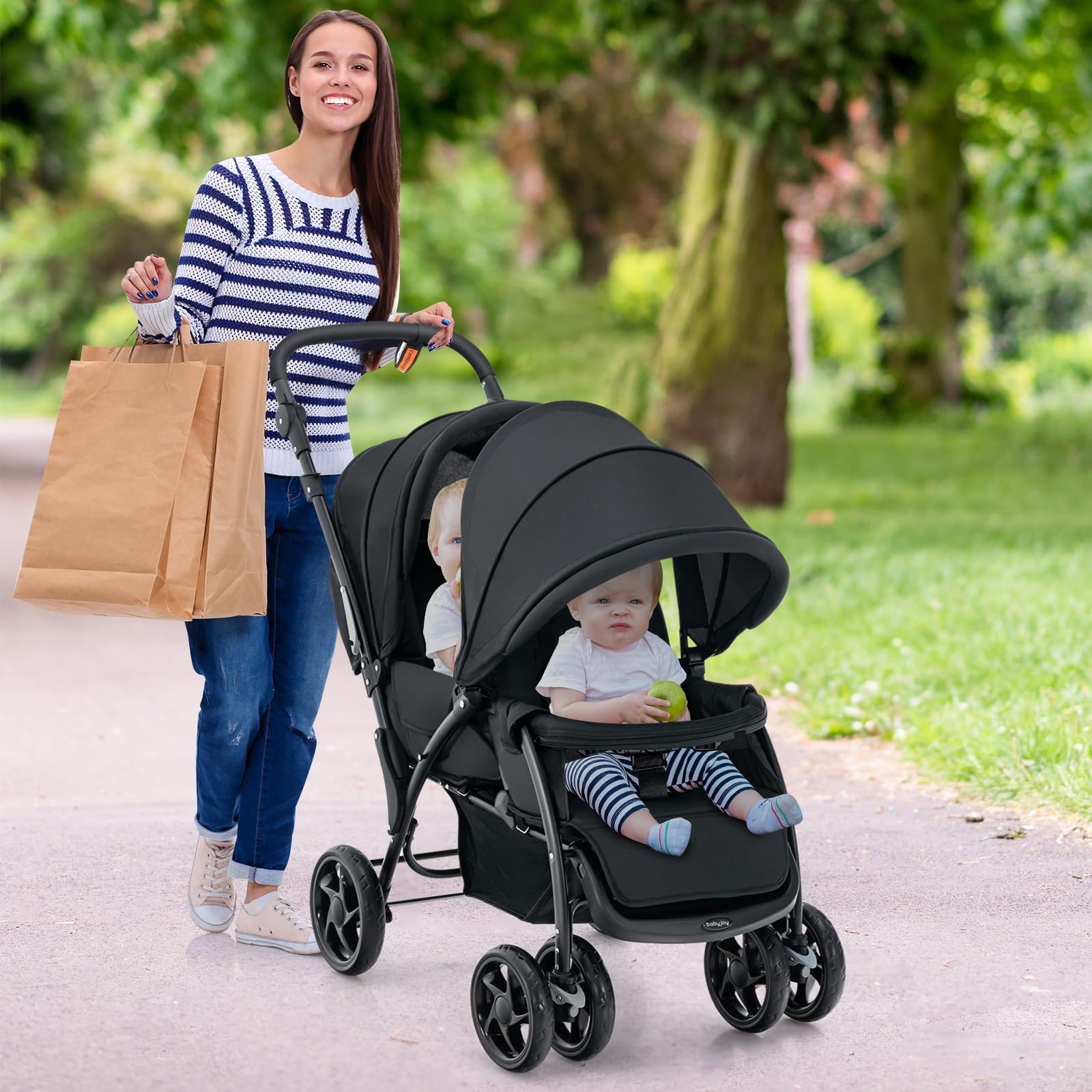 LIFEZEAL Passeggino Gemellare, Doppio, Carrozzina per Bambini, Passeggino da Viaggio, Leggero, Pieghevole, Compatto, Regolabile, Portatile, Reclinabile, Comodo, Max 30 kg, 123x57x95-110 cm (nero)