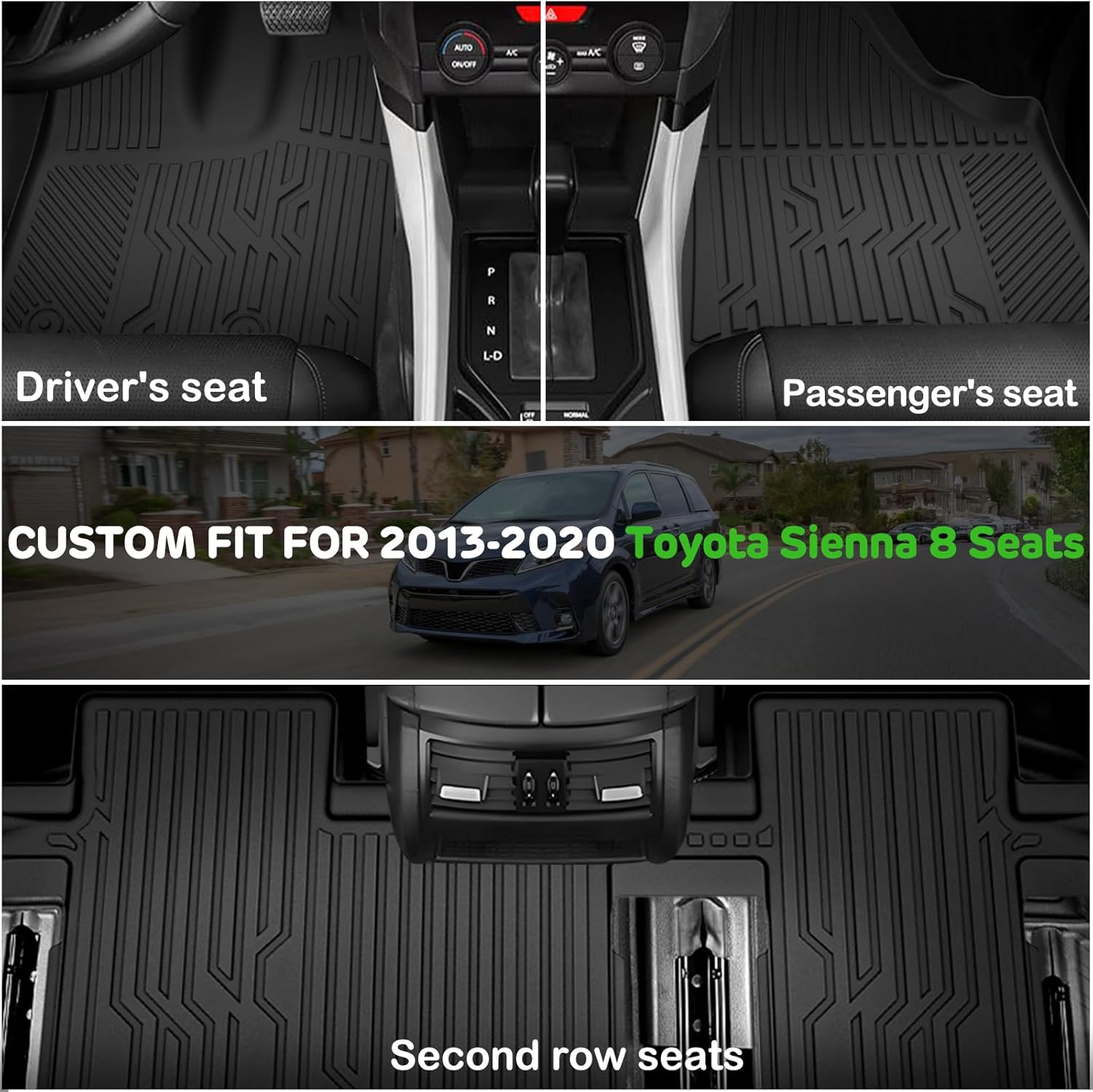 Floor Mats for 2013-2020 Toyota Sienna Only 8 Seats Upgrade Trunk Mat All Weather TPE Floor Liners Fit for 2020 Sienna 1st & 2nd & 3rd Row and Cargo Liner Anti-Slip Full Set Car Mats