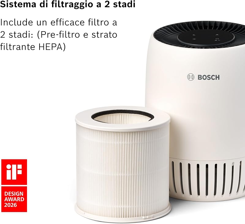 Purificator de aer Bosch Thermotechnik Air 500 împotriva poluanților, pentru suprafețe de până la 23 mp, mod silențios de noapte 25 dB, USB-C, cu filtru de aer, CADR 100 m³/h