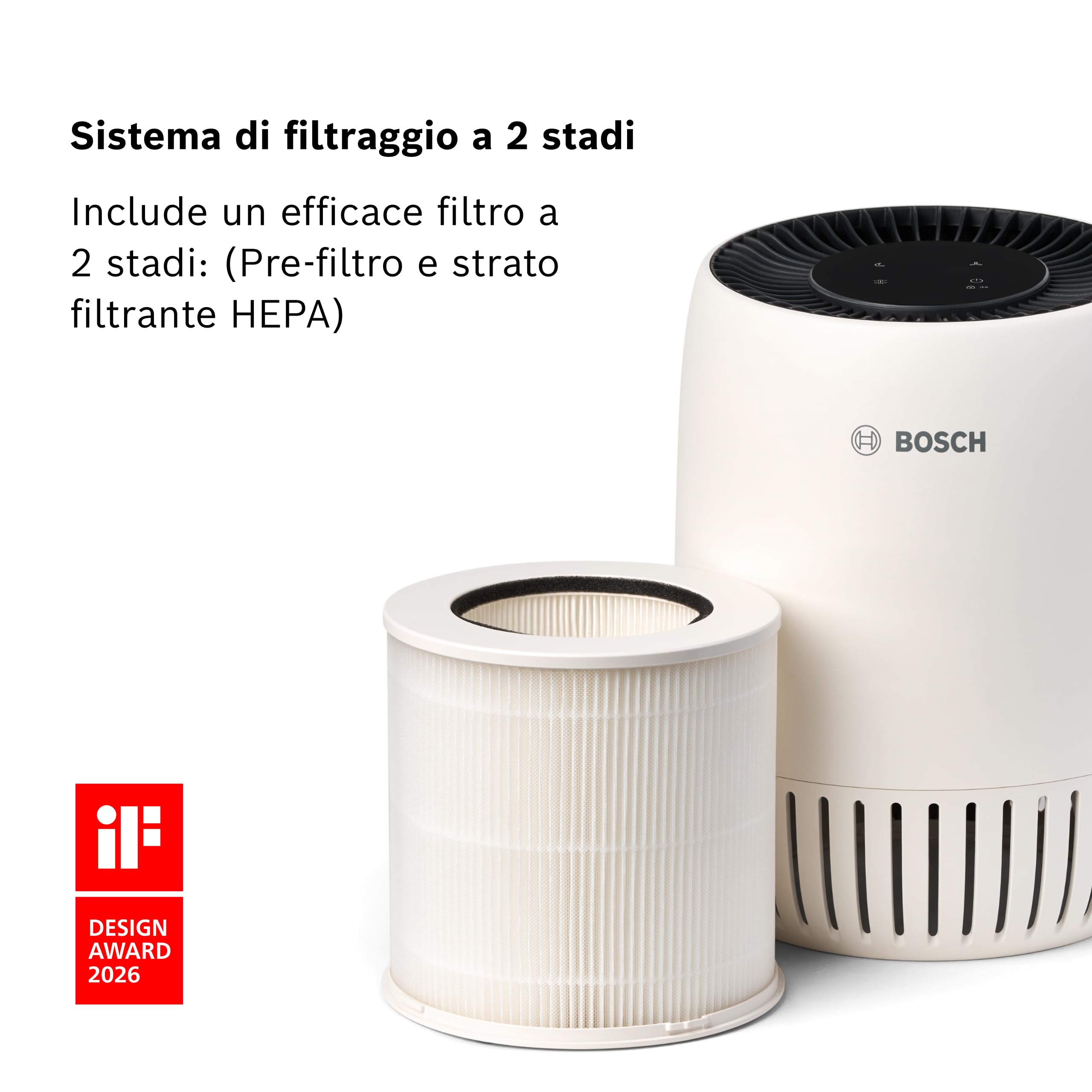 Bosch Air 500 Purificatore d’Aria - Rimuove gli inquinanti, include filtro aria e modalità sleep (< 25 dB(A)) - per stanze fino a 23 m² - con porta di ricarica USB-C - CADR: 100 m³/h