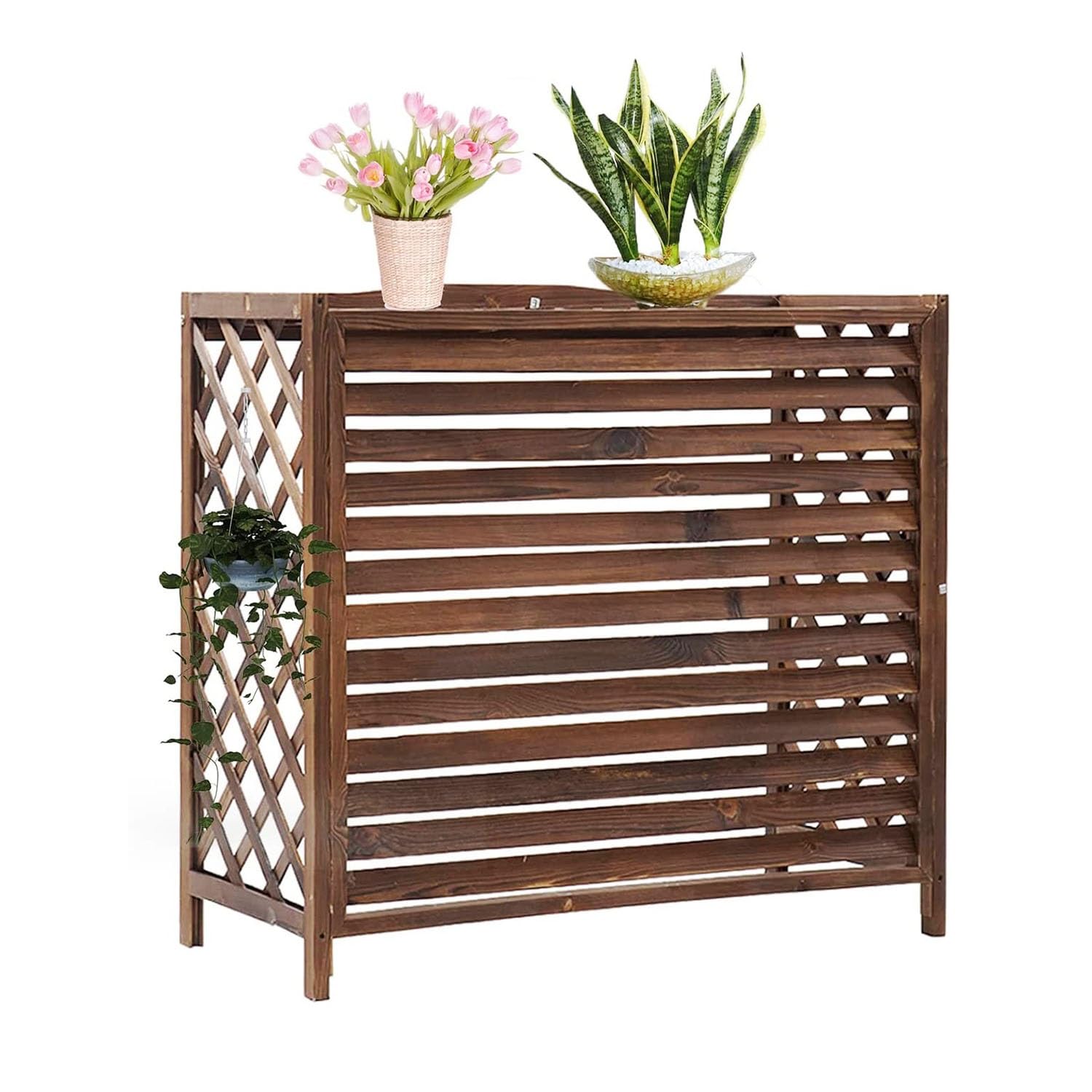 Draußen Abdeckung für Klimaanlage aus Massivholz, Holz Blumenständer, Klimaanlagenzaun, Schutzgitter, Verstecken Von AC-Geräten (Größe: 96x40x89cm), Wasserfest, Braun