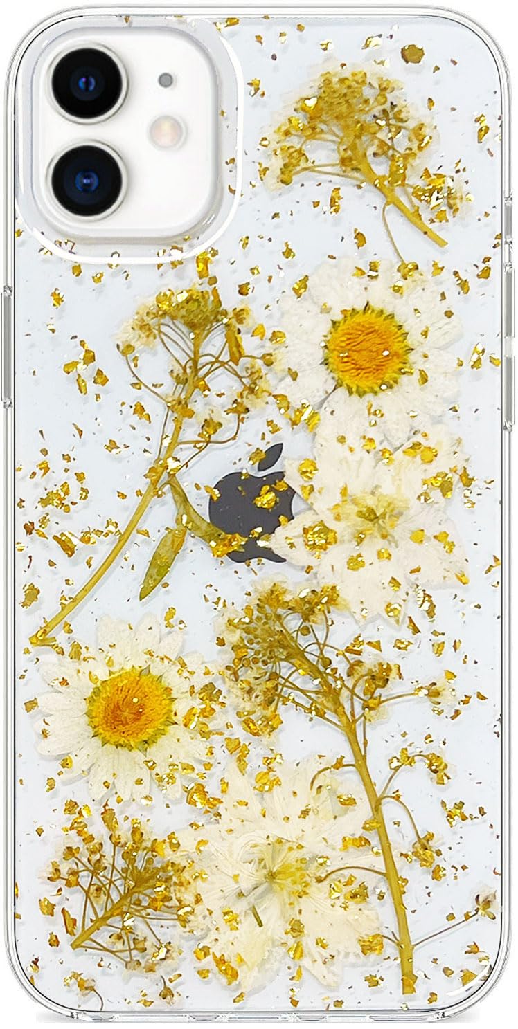 Abbery Designed for iPhone 11 6.1" Pressed Flower Case, Cute Bling Glitter Sparkly Clear with Design Soft Silicone TPU Rubber Dried Real Floral Aesthetic Case for Women Girls (Sparkly Flower)