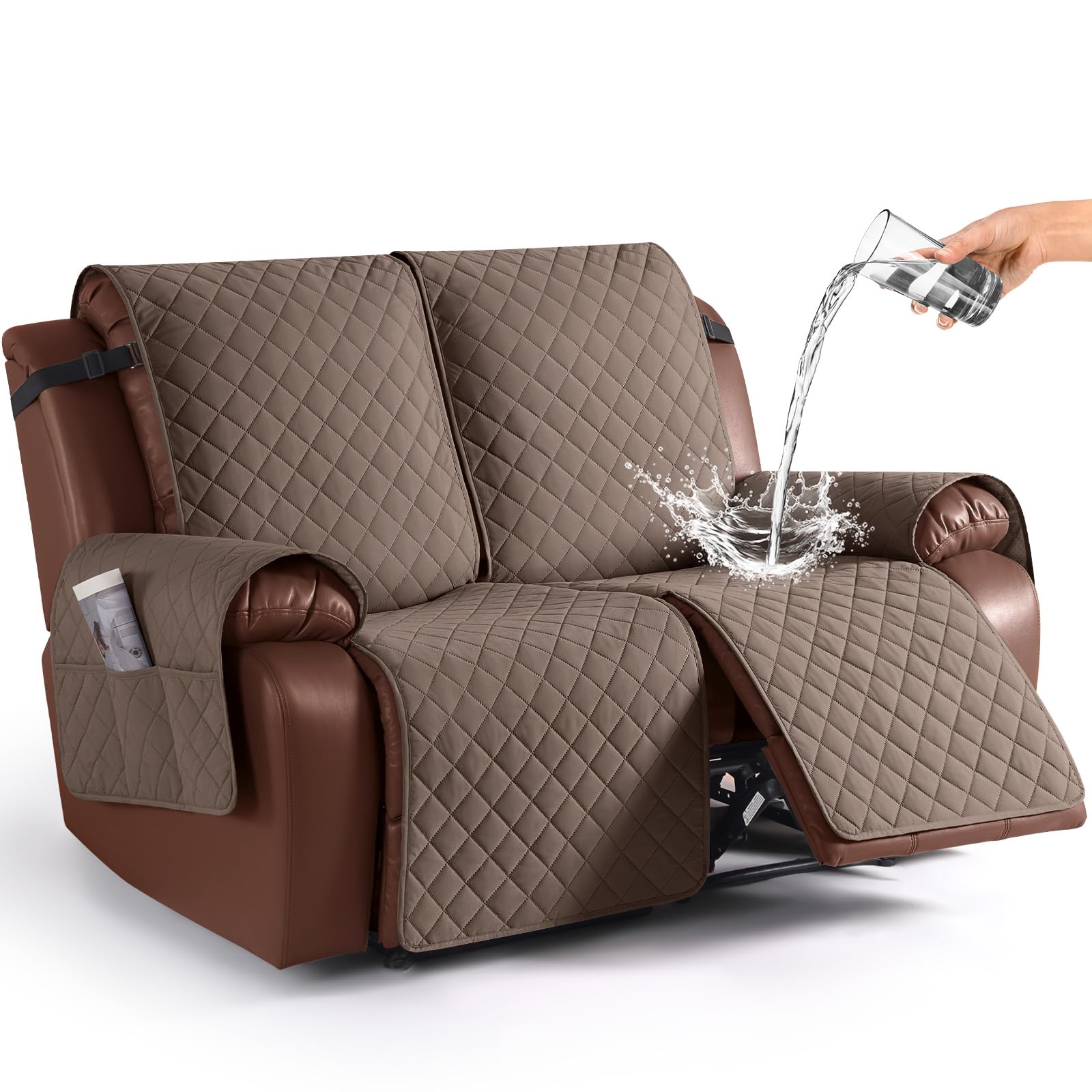 Photo 1 of KinCam Loveseat Recliner Covers for 2 Seat, 100% Waterproof Reclining Loveseat Covers, Non-Slip Recliner Cover Furniture Protector with Elastic Straps for Pets, Kids, Brown