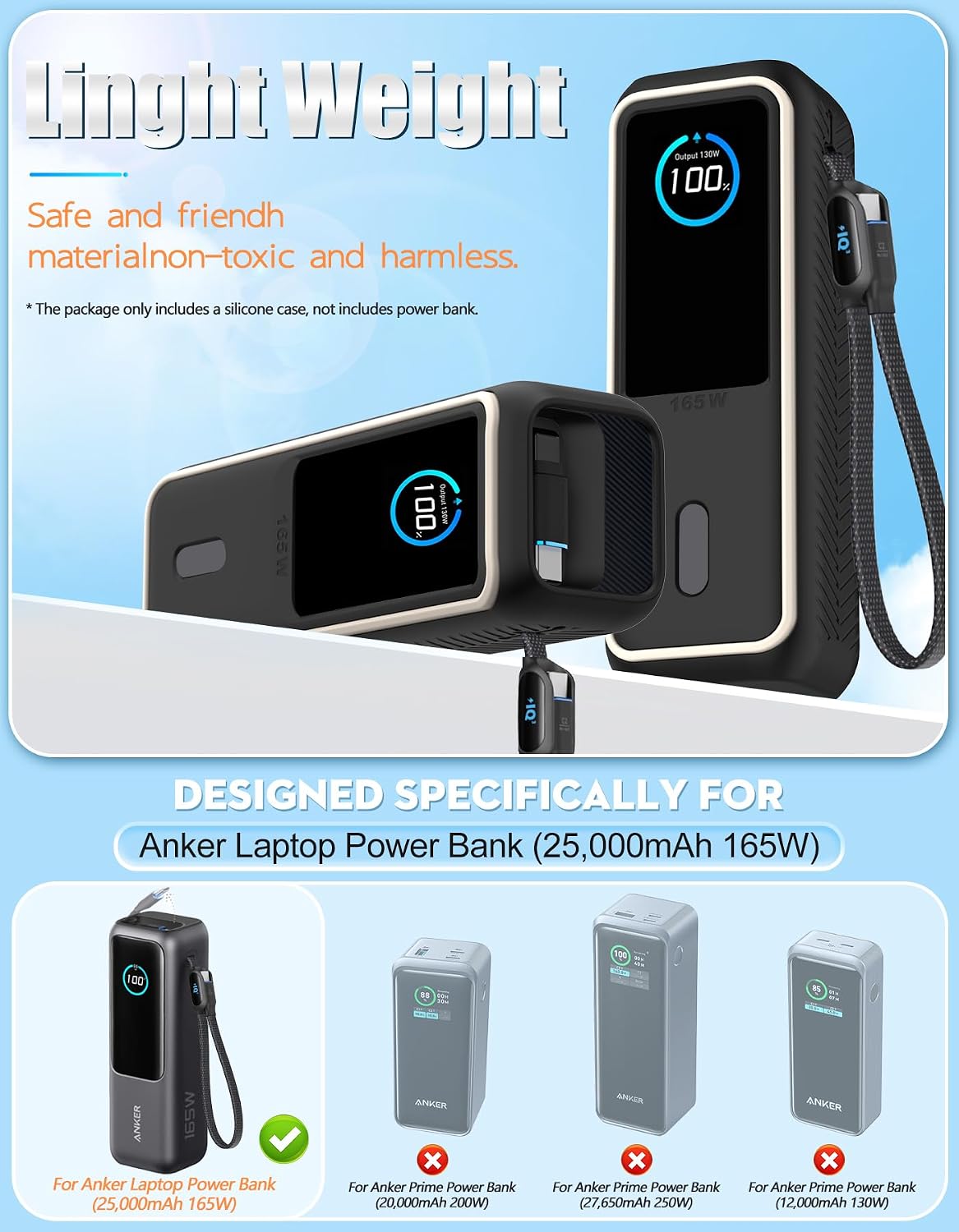 Soft Silicone Case for Anker Laptop Power Bank (25,000mAh/165W), SD/SIM Card Storage, Display Shockproof Protection & Dustproof, Travel Protective Cover for Anker Power Bank 165W (Black White) image 2