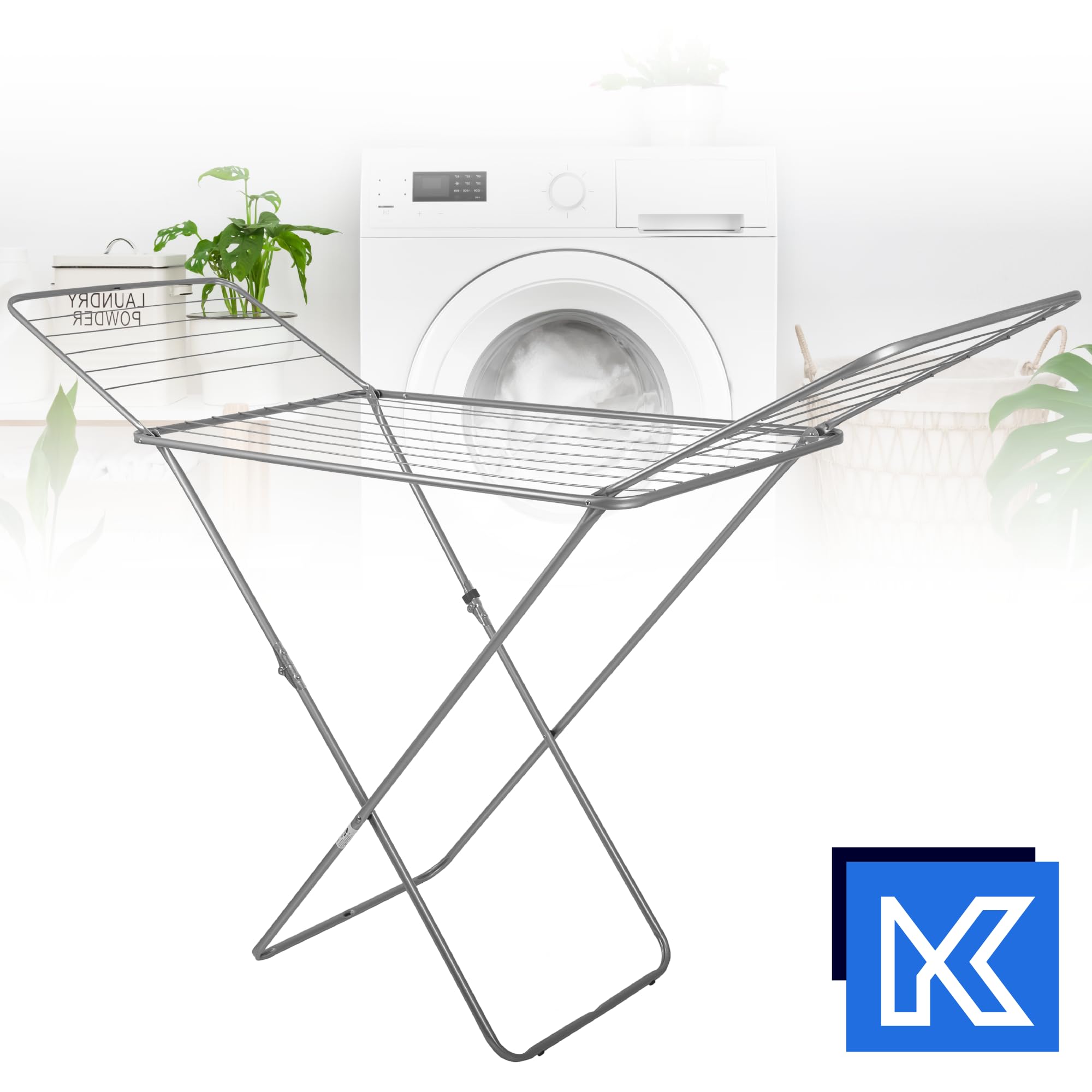 KADAX étendoir à Linge sur Pied à Ailes - Acier argenté L 18 m - pour Appartement - Pieds antidérapants et Format Pliable Gain de Place Made in UE