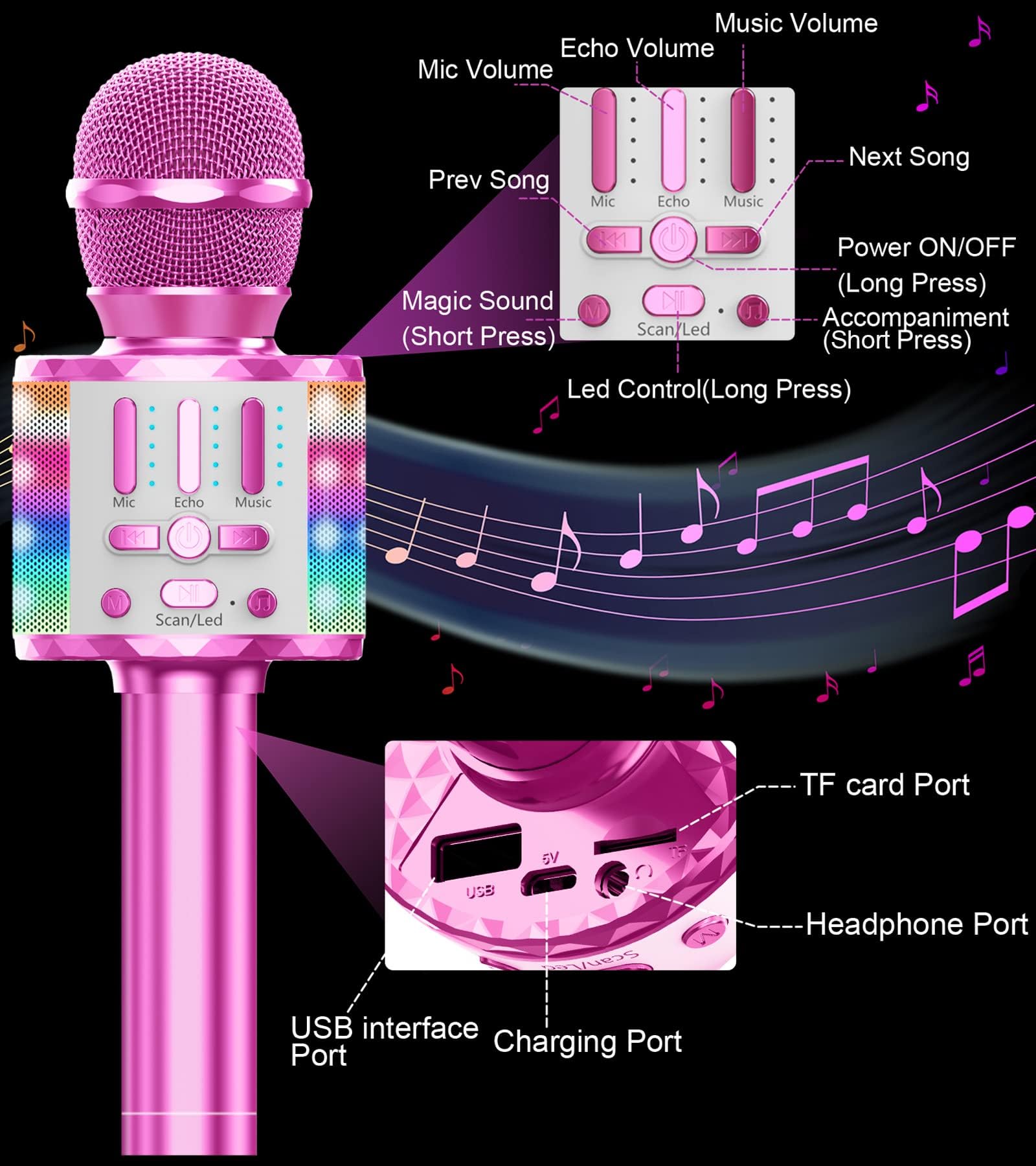 Microfono Karaoke Bluetooth Bambini Wireless LED Flash Cambia Voce Altoparlante Integrato Portatile per Festa KTV