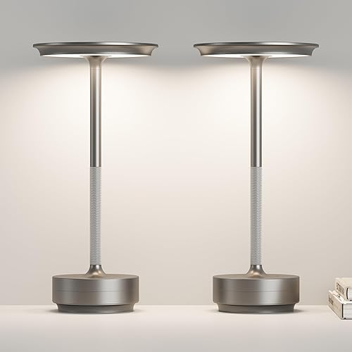 Miniatura 15 de Lámpara de mesa recargable inalámbrica, LED portátil táctil de 5000 mAh, funciona con pilas, con función de memoria, brillo de 3 niveles para patio,