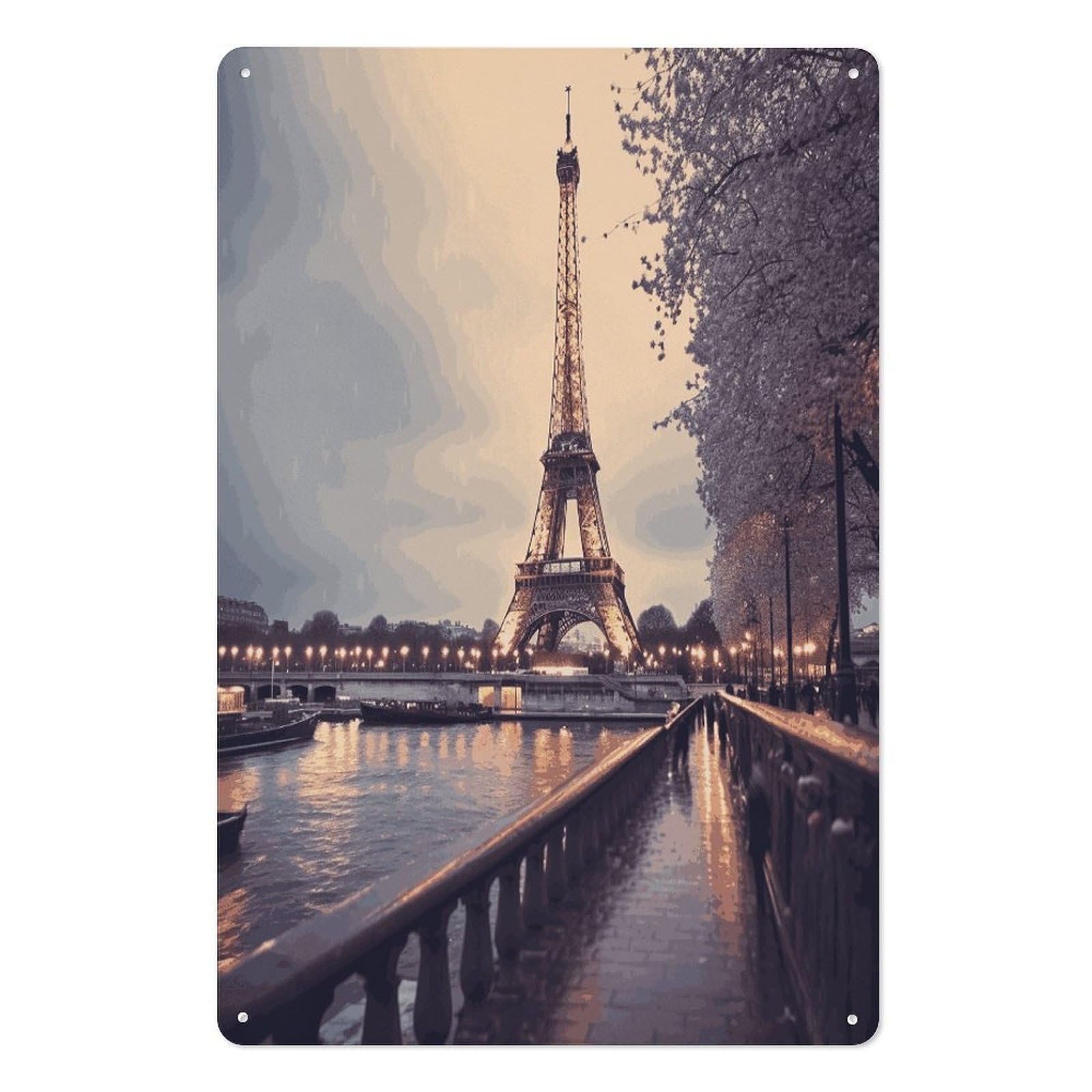 Eiffel Tower Winter Rainy Tin Sign Novelty Vintage Wall Art for Home Farmhouse Decor Metal Signs Classical Tin Hanging Picture for Yard Hotel Living Room 11.8x7.8 Inches