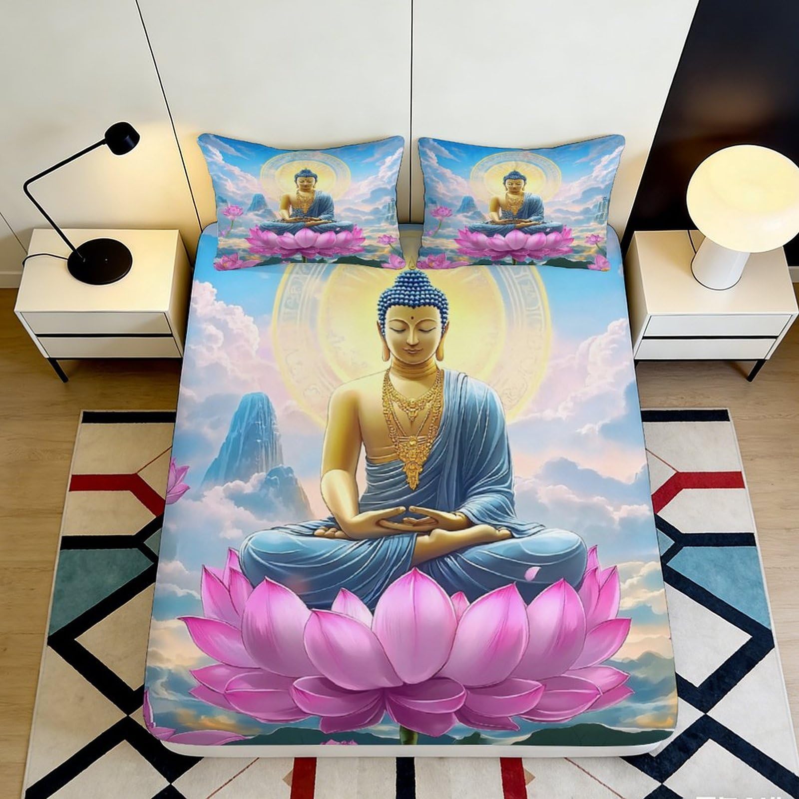 Dhbaneiok Style-7 3D Printed Buddha Lotus Meditation Fitted Sheet Microfiber Soft Blue Pink Bed Cover For Bedroom Guest Room Decor 90X200x25cm