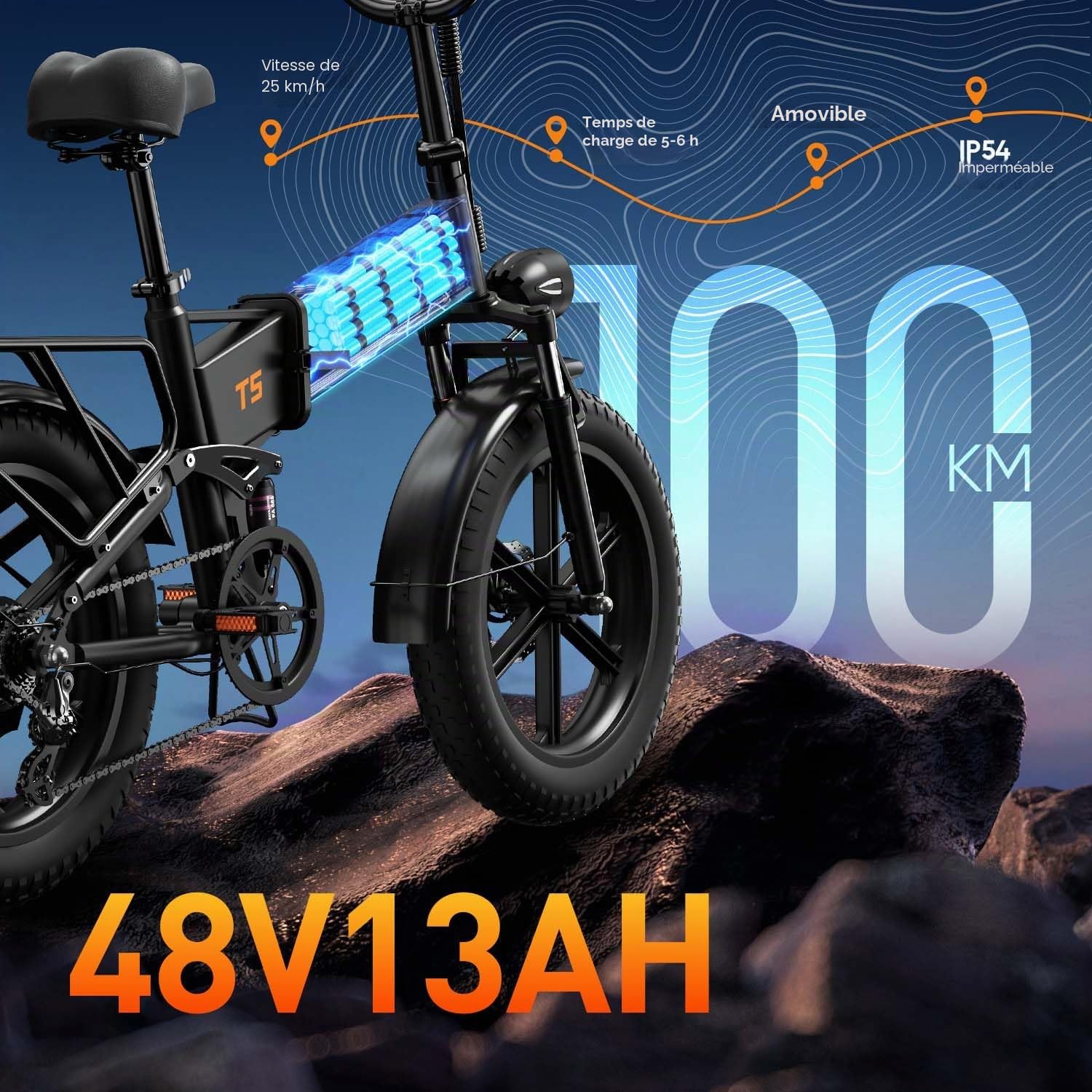 URLIFE T5 Vélo électrique pour homme, 20" Fatbike pliable avec batterie amovible 48 V 13 Ah, portée de 80 à 100 km, suspension complète, 7 vitesses, pour ville et terrain