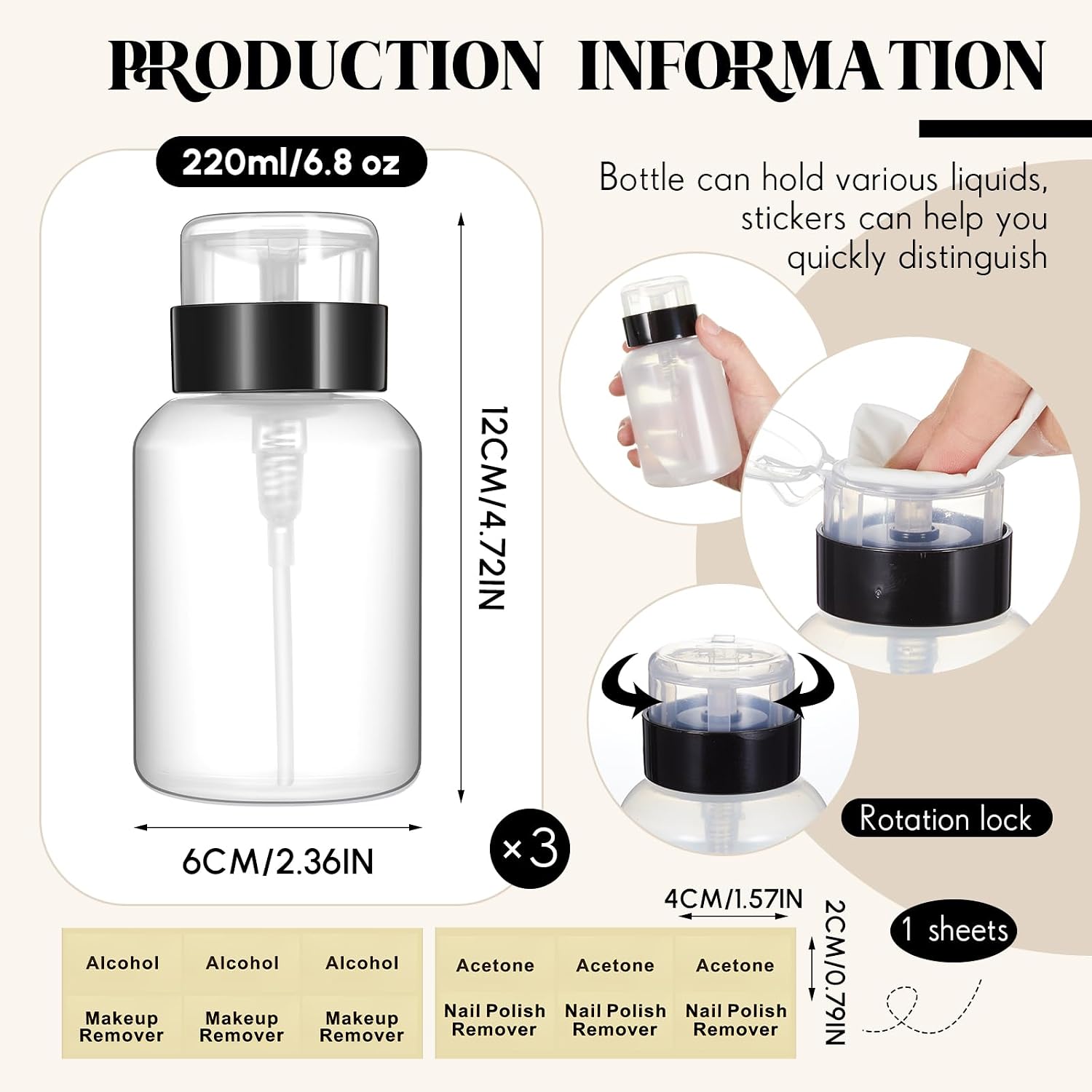 Layhit 3 Pack 6.8 oz (200ml) Push Down Lockable Pump Dispenser Bottle with Stickers, Alcohol Push Down Empty Refillable Container for Nail Polish Remover, Alcohol & Makeup Remover (Black Top Cap)