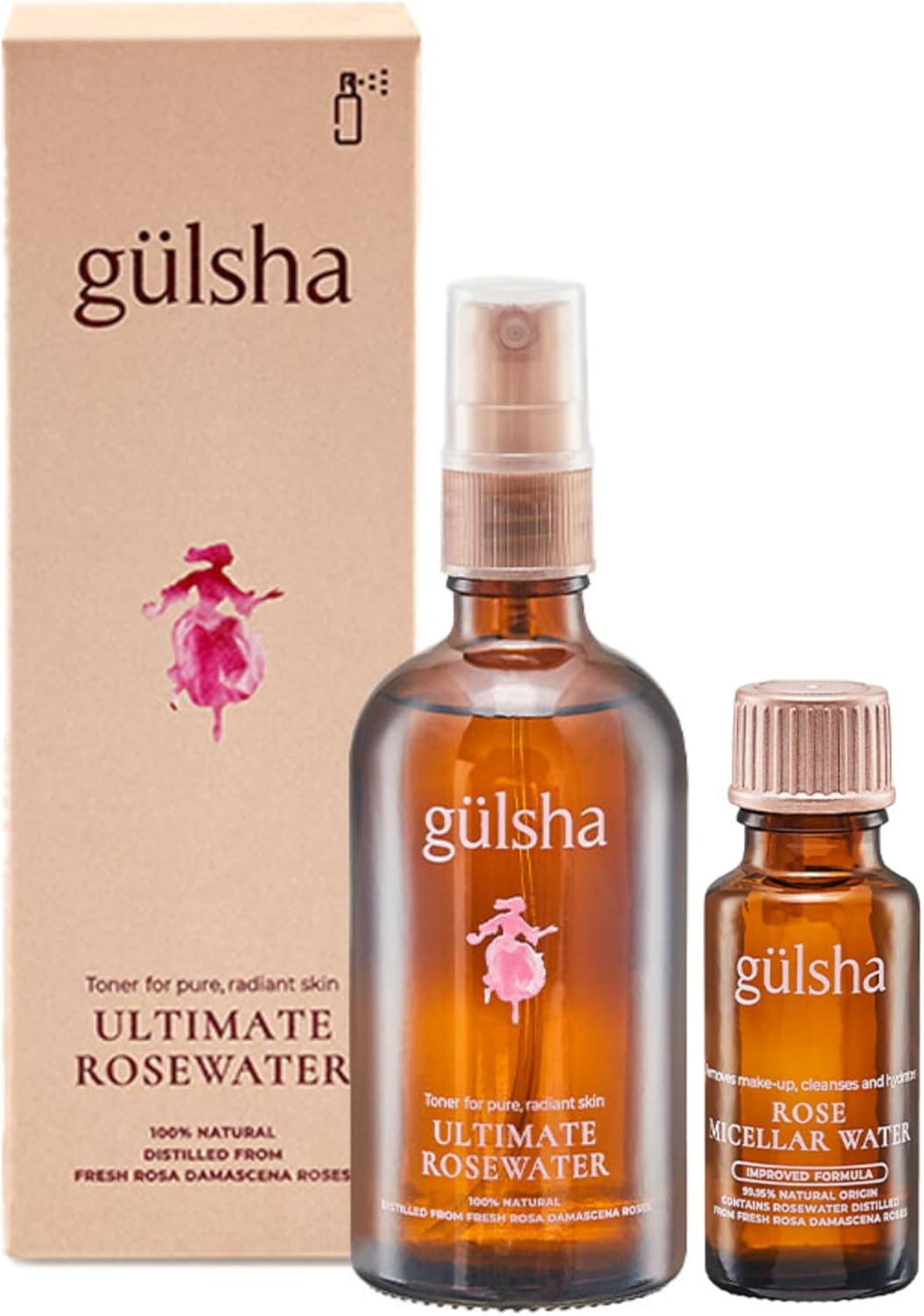 GULSHA Ultimate Rosewater Face Toner + Rose MICELLAR Water Facial Cleanser - Damask Roses Cleanses, Nourishes & Tones Your Skin, All Skin Types, Free from Chemicals (100ml+20ml)