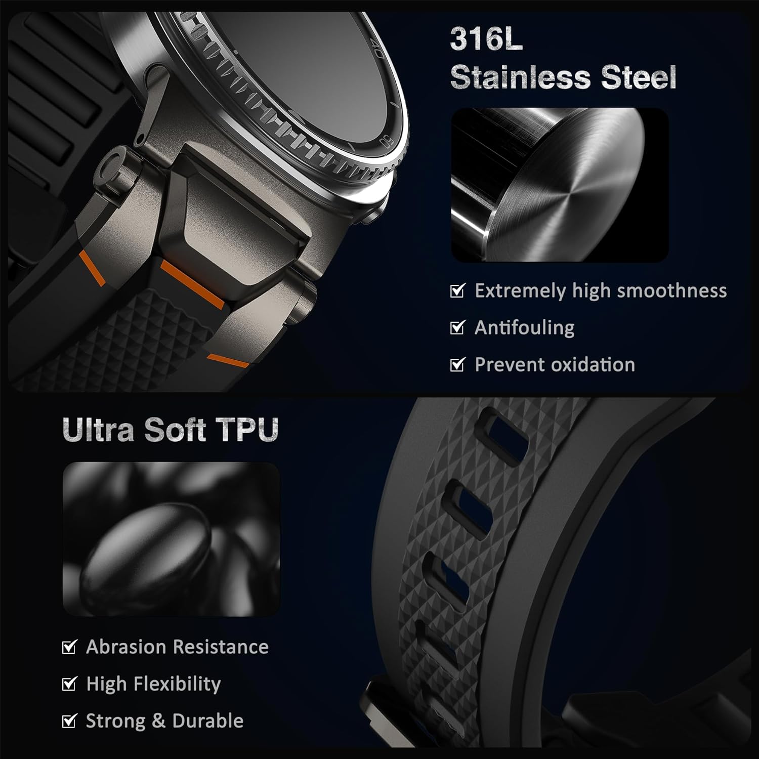 ULTIMAL Rugged TPU Sport Band ONLY for Samsung Galaxy Watch 8 Classic & Galaxy Watch 8 (40/44/46mm), Replacement Strap with Secure Connector, Waterproof Sweat-Resistant, Fit 6.2”-8.9”(Black+Grey)