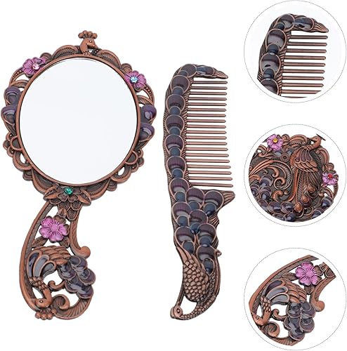Miniatura 7 de Lurrose Juego de peine de espejo de mano vintage de pavo real, espejo de mano retro de metal, espejo de tocador, espejo de tocador de viaje, espejo
