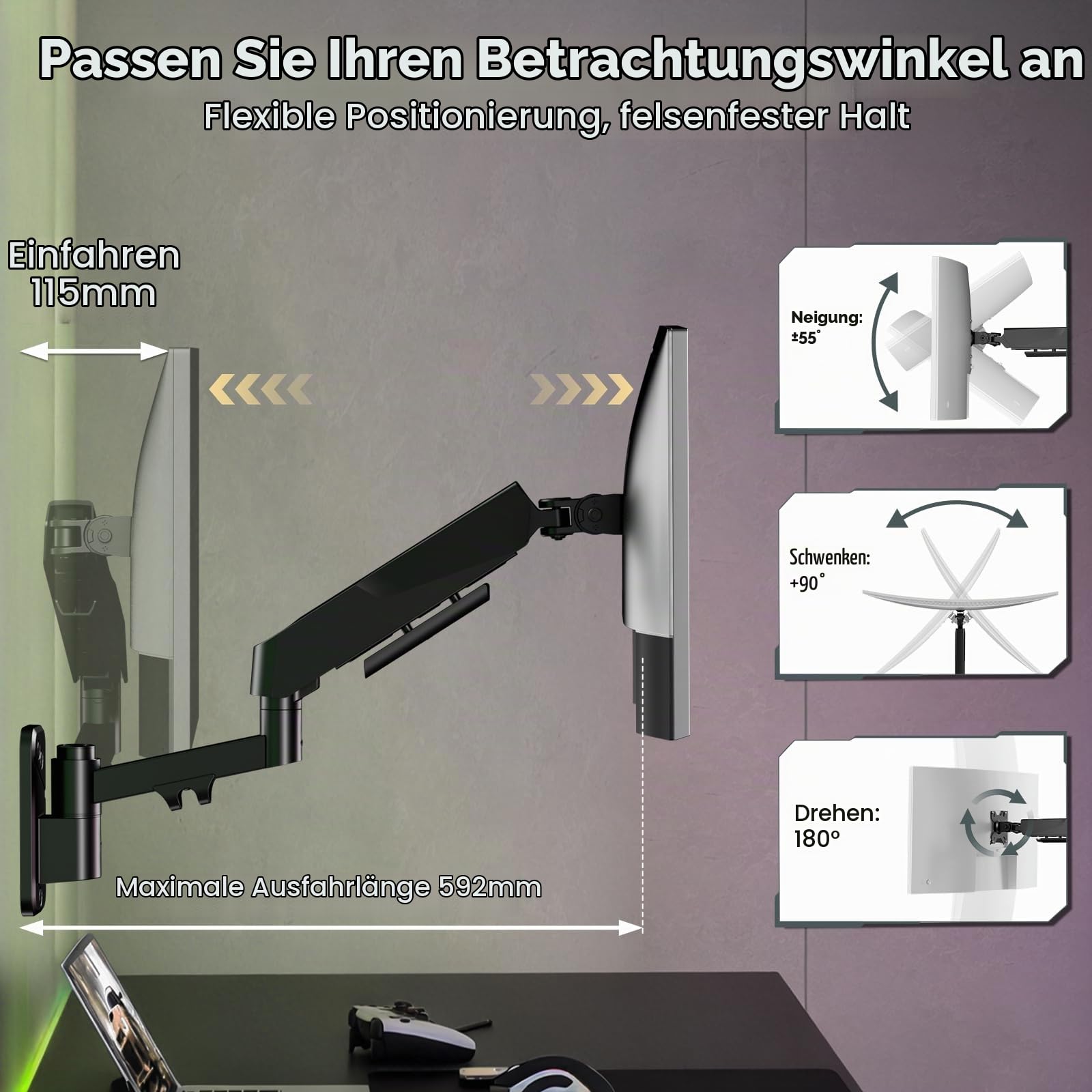 Monitor Wandhalterung für 17-45 Zoll – Bis 16kg, Gasdruckfeder