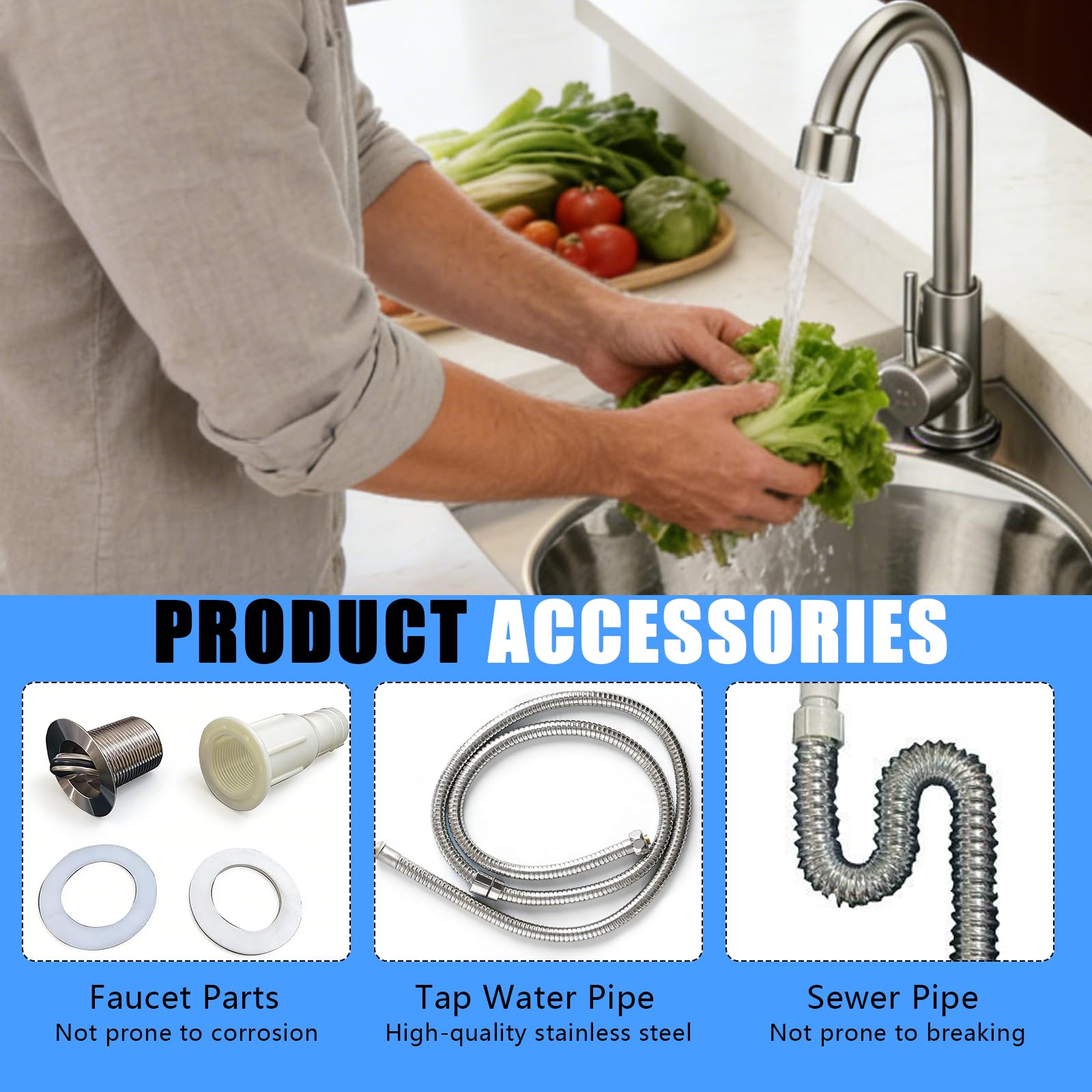 Lavabo Esquinero, Lavabos de Montaje en pared Lavabo Triangular Pequeño De Acero Inoxidable 260 Mm Montaje En Pared Juego, Con Grifo Desagüe Y Mangueras, Para Autocaravana Camper Barco Baño WC Garaje