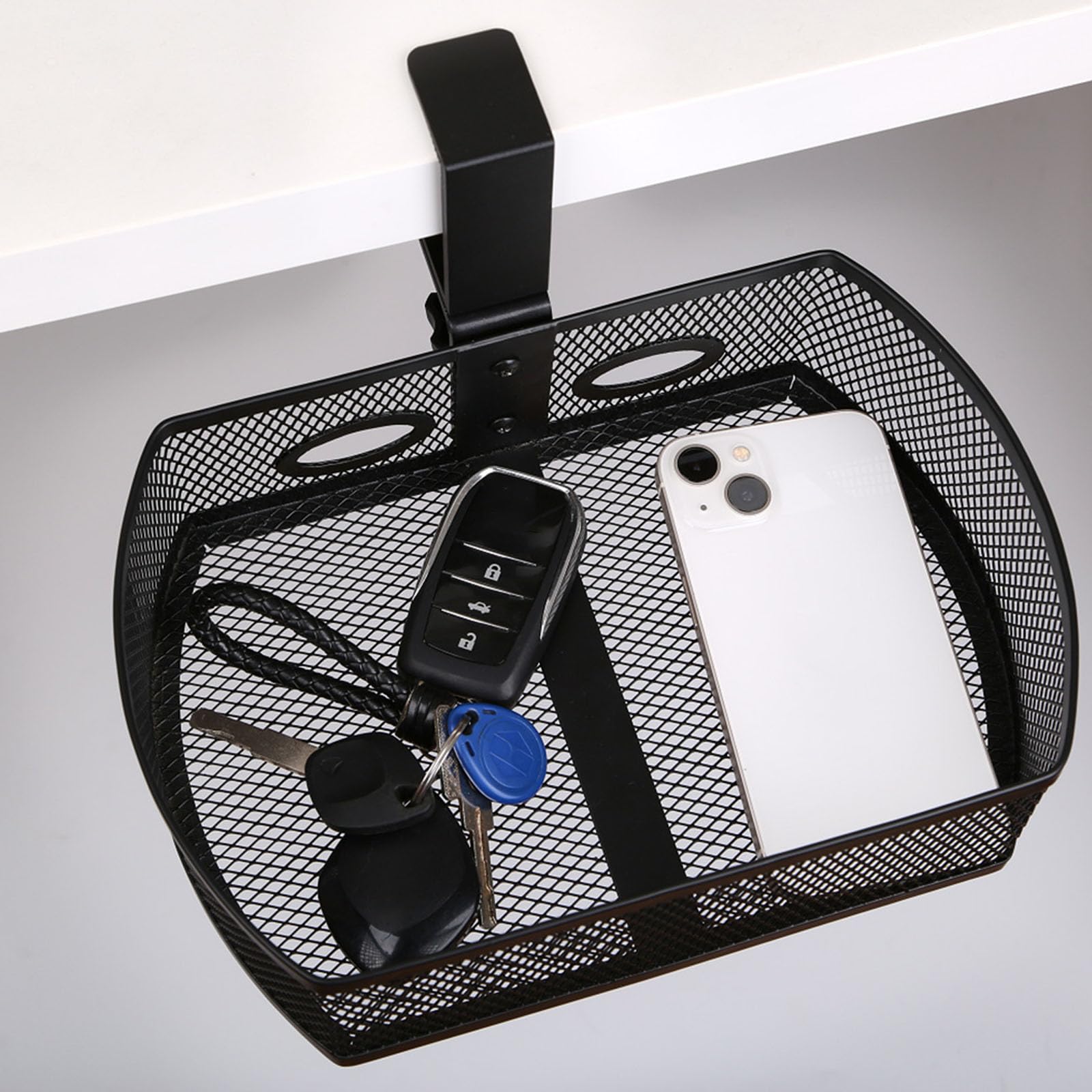 Organizador de escritorio giratorio de 360 grados, instalación sin agujeros, bandeja de almacenamiento de metal para suministros de oficina, oficinas en casa, solución de ahorro de espacio