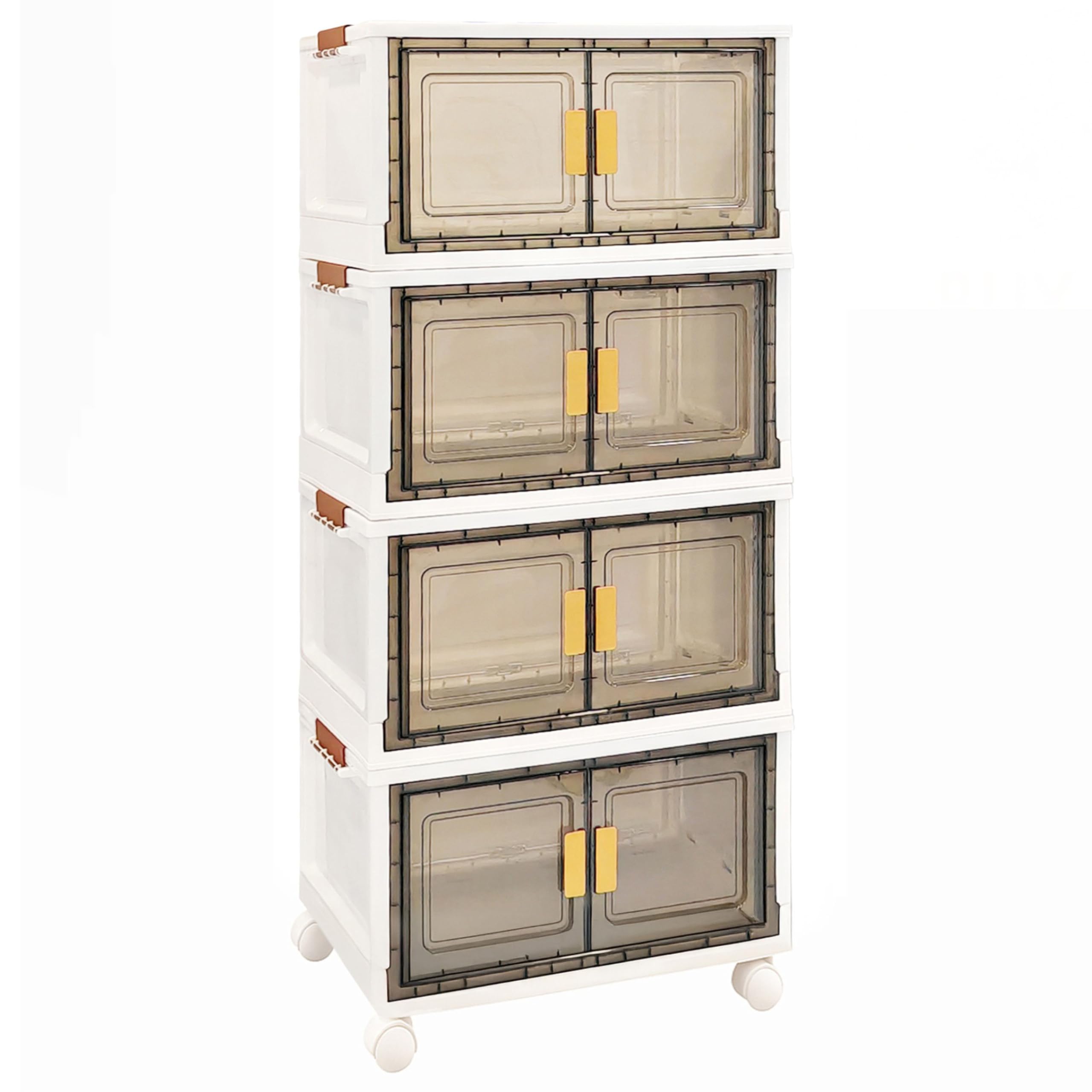Vertical Box Storage Bins with Steel Reinforced Swivel Wheels, Plastic Storage Containers 3 Ways Easy Access Tinted Wide Twin Doors, Stackable Foldable Collapsible Bin, Pack 4