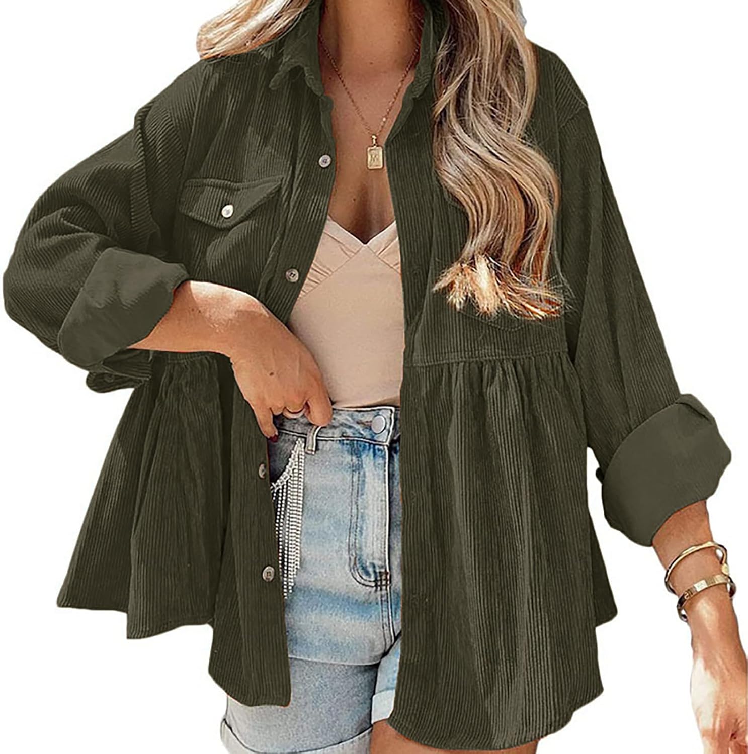 Women's Plaid Shirts Long Sleeves Button Down Peplum Babydoll Jacket Oversized Flannel Shirts Casual Pocket Blouses Tops