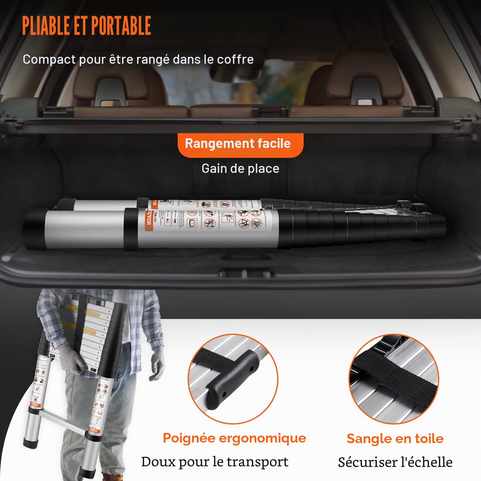 VEVOR Échelle Télescopique Aluminium 3,8 m Escabeau Extensible Capacité 170 kg avec Pieds Antidérapants Échelle Compacte Portable Polyvalente Rétraction à Un Bouton pour Réparation Maison Camping-Car
