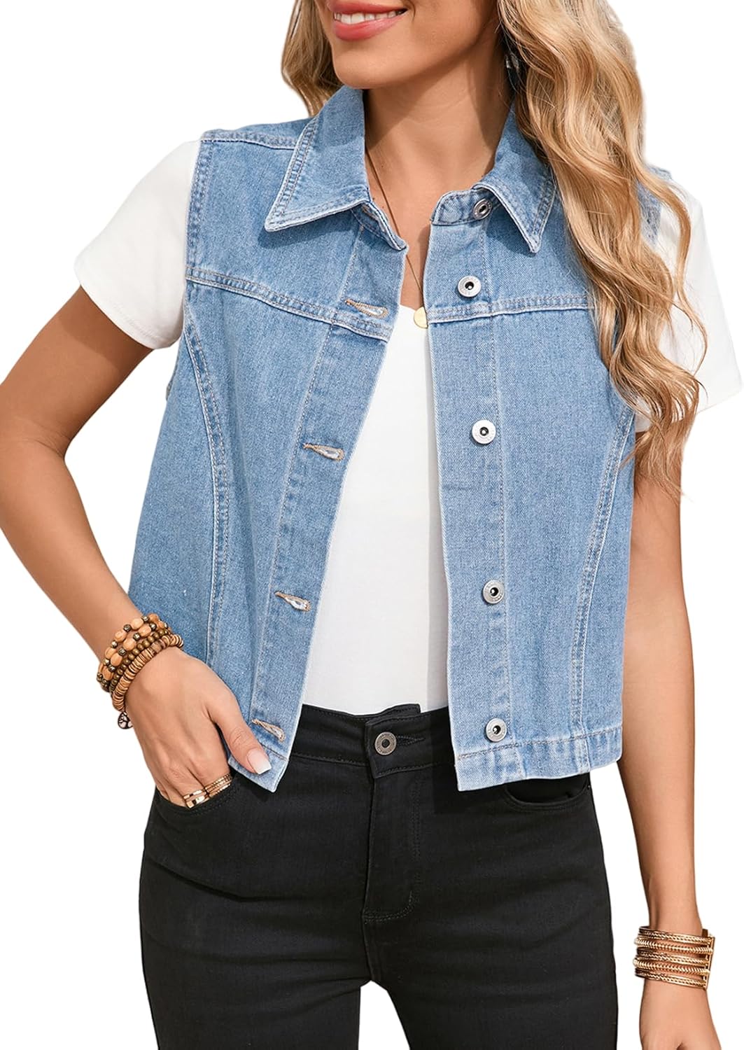 Sidefeel Women's Denim Vest Sleeveless Collared Crop Jean Vest Top Button Down Waistcoat