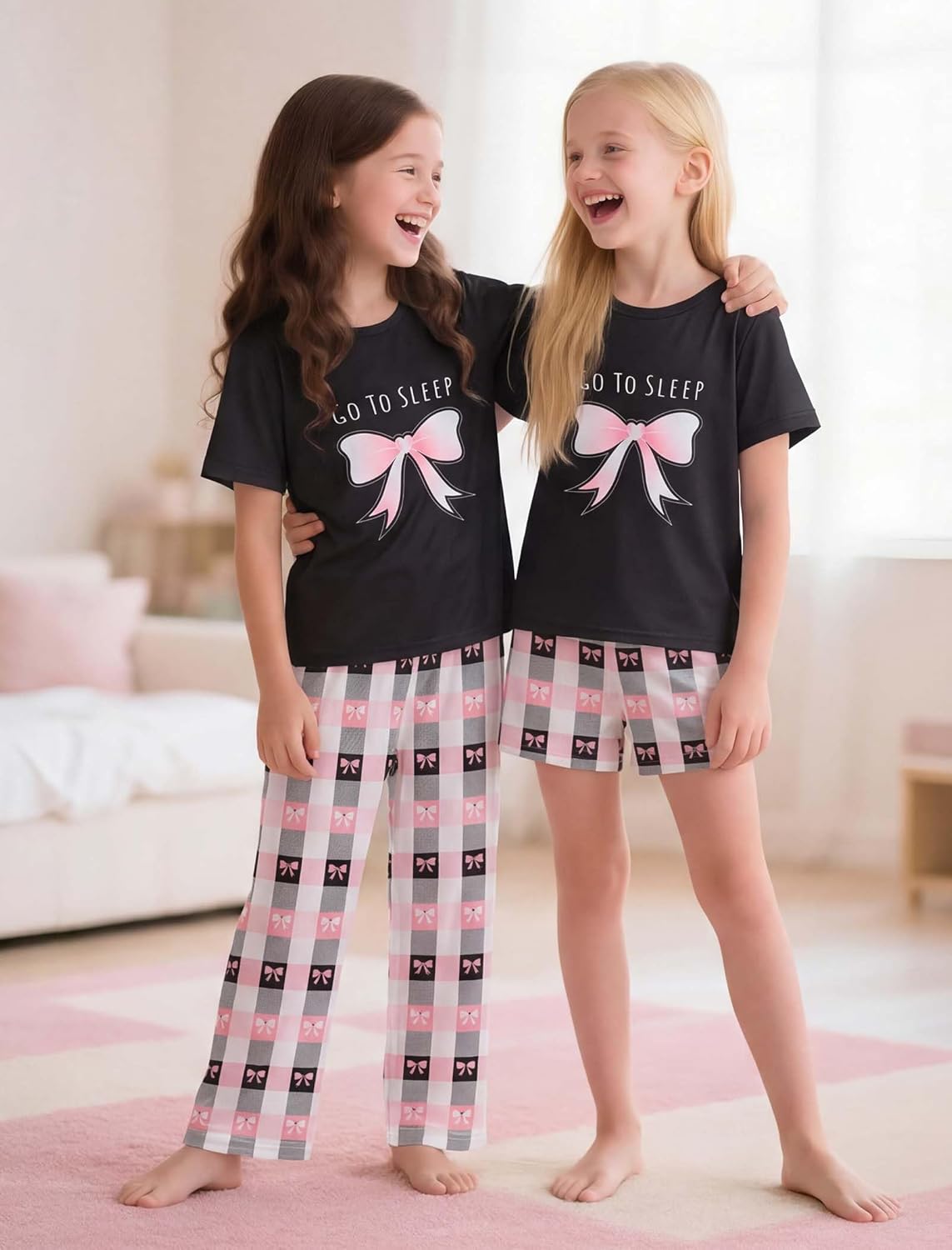 Mikrdoo Girls Pajamas Short Sleeve Long Pants and Shorts 3Piece PJs with Pockets for Kdis Sleepwear 6-16 Years