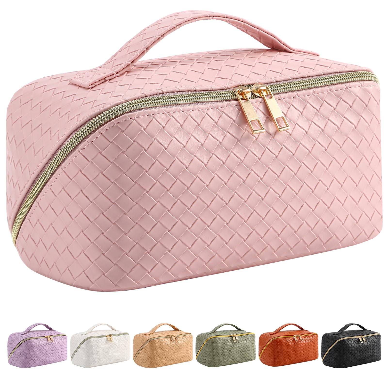 BaonmyLarge Capacity Travel Cosmetic Bag - Makeup Bag,Portable PU Leather Waterproof Cosmetic Bag for Women,Travel Makeup Bag Organizer with Handle and Divider Flat Lay Makeup Organizer Bag