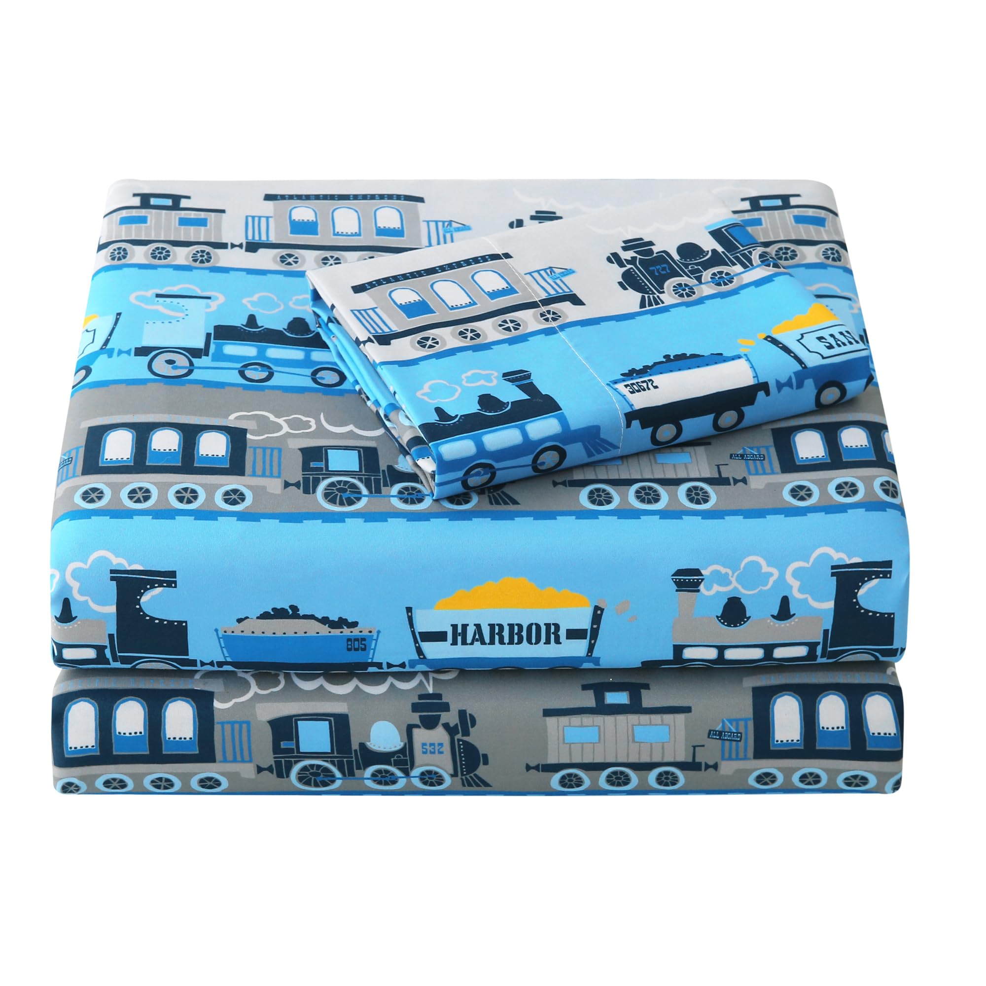 Viviland 3 Pieces Boys Train Twin Sheet Set - Soft Microfiber Fitted Flat Sheets &amp; Pillowcase Bed Sheet Set - Grey Blue Train Print Bedding Sets for Kids