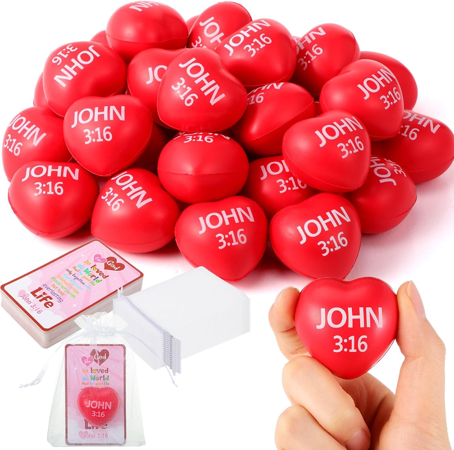 Zubebe 48 Sets VBS Christian Gifts for Kid Christian Heart Stress Ball with Religious Cards John 3: 16 Squeeze Toys for Classroom Exchange Gift Jesus Catholic Church Party Favor