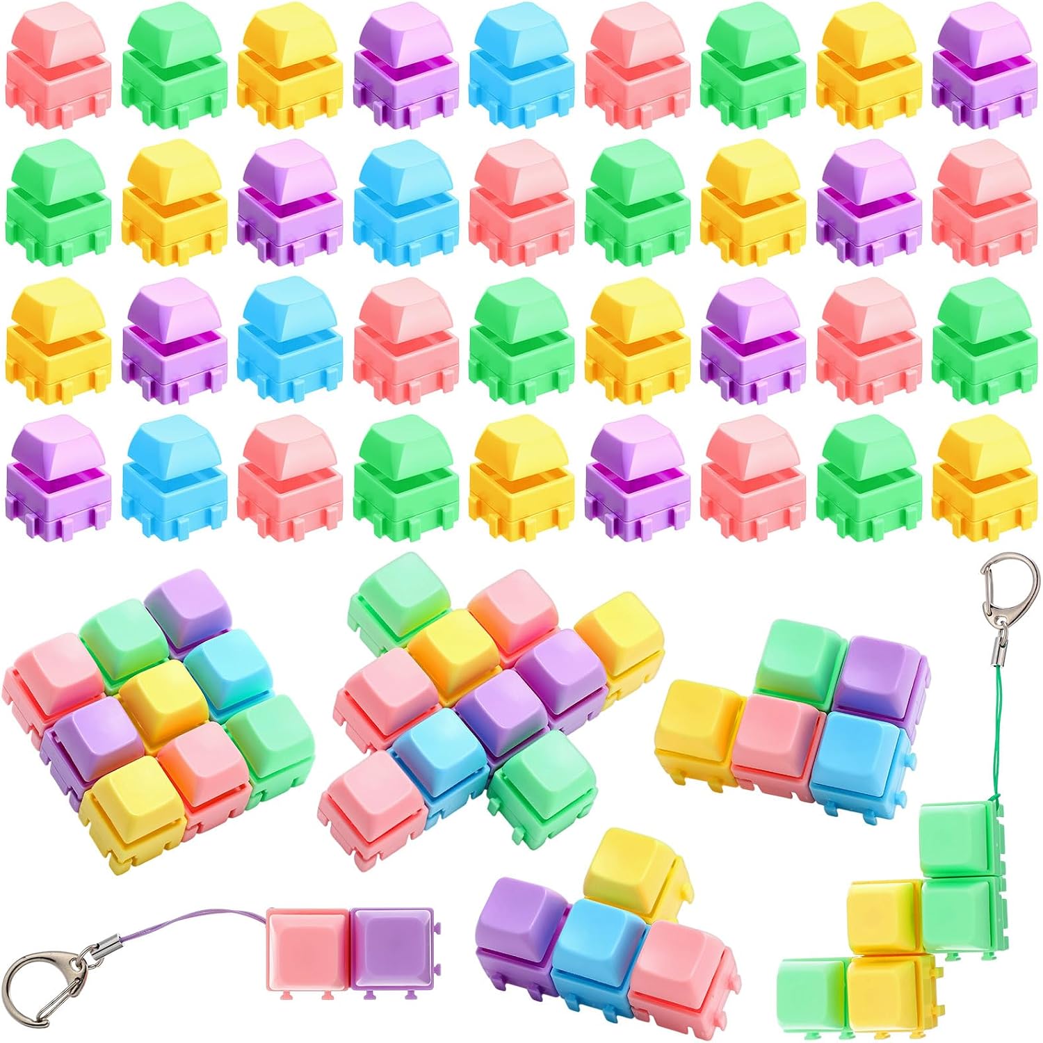 Halloscume 36 Pcs Modular Keyboard Fidget Clicker Toys Bulk, DIY Deformable Clicky Fidget Keychain Back to School Gift for Relief Stress Home Classroom Party Favors (Candy Colors)