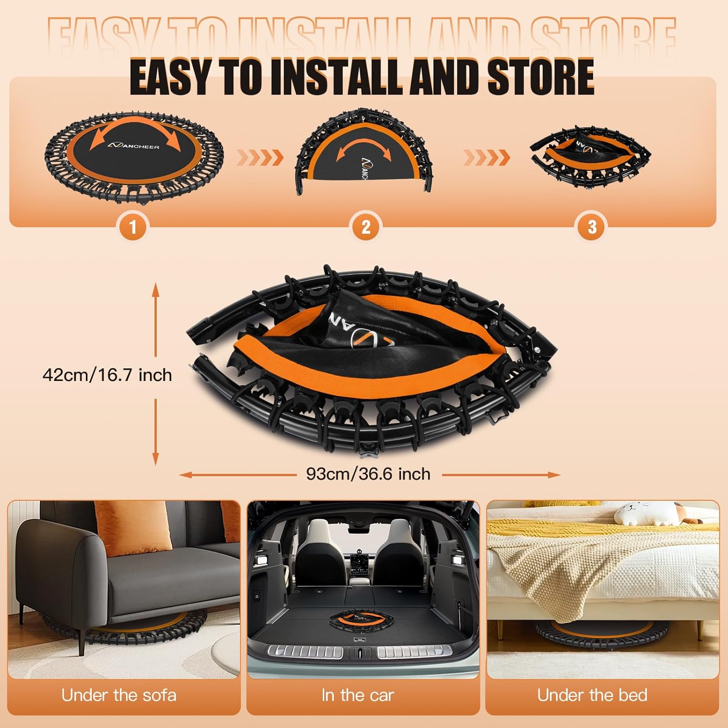 ANCHEER 40"/48" Foldable Mini Trampoline,Max Load 450lbs/550lbs Indoor Trampoline,with 4 Level Adjustable Foam Handle and Resistance Bands,Adult Exercise Trampoline for Home, Garden, and Gym