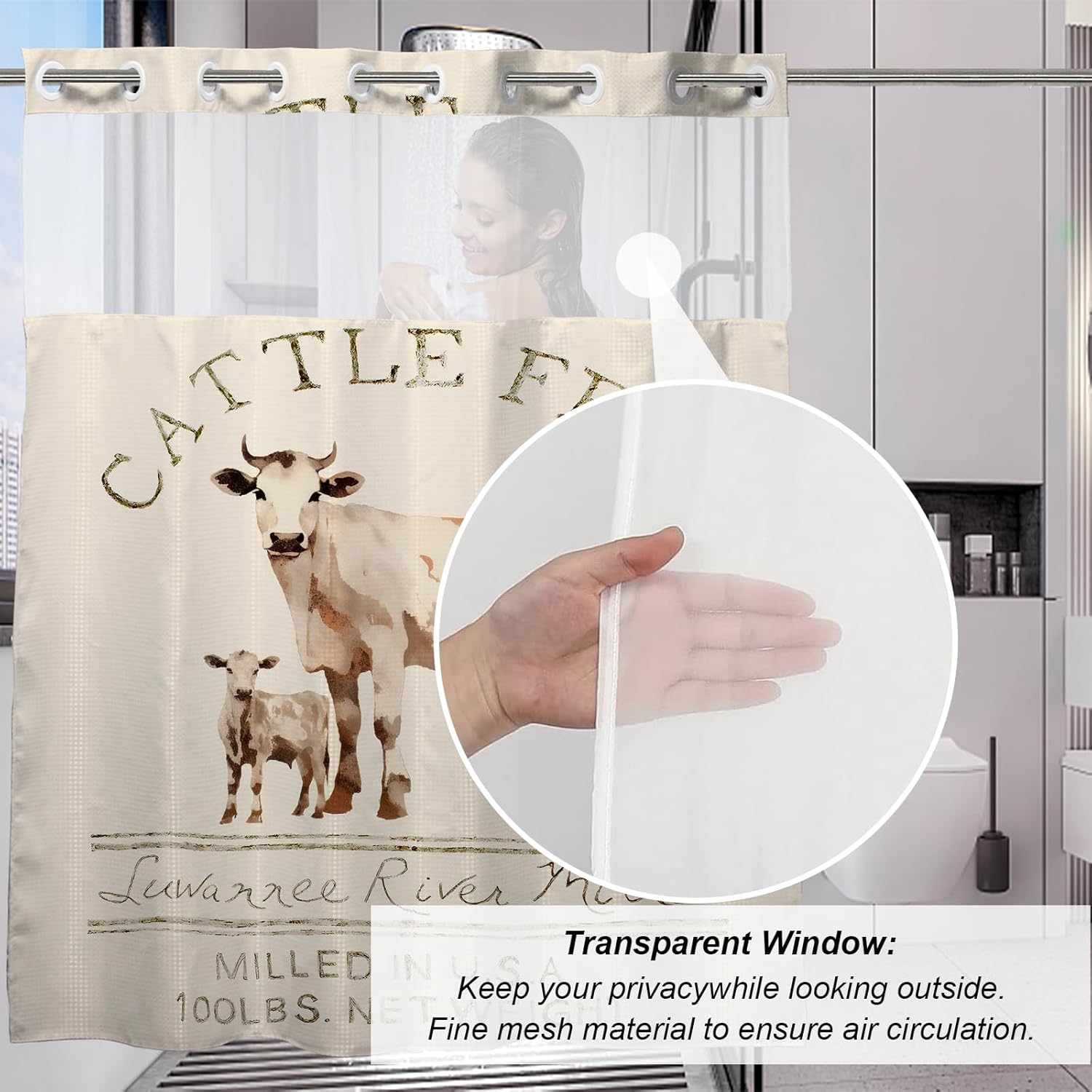 Farmhouse Abstract Animal Cattle Feed Cow Rustic Theme No Hook Waffle Weave Shower Curtain with Snap in Liner Polyester Fabric Bathroom Decor Set 72 W x 74 H Inch Ivory White Teal