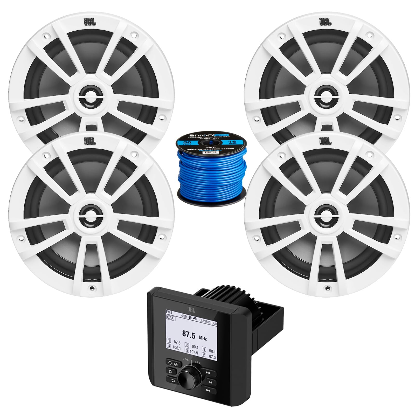 Bluetooth AM/FM Radio IP66 Multi-Element Digital Media Marine Audio Receiver Bundle Combo with 2 Pair (Qty 4) of 6.5