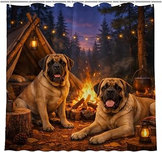 REZHOCH Funny English Mastiff Dog Forest Camping Shower Curtain 72x72 Inch,Woodland Cute Animals Rustic Cabin Bathroom Decor,Nature Night Sky Outdoor Farmhouse Lodge Bath Set with Hooks