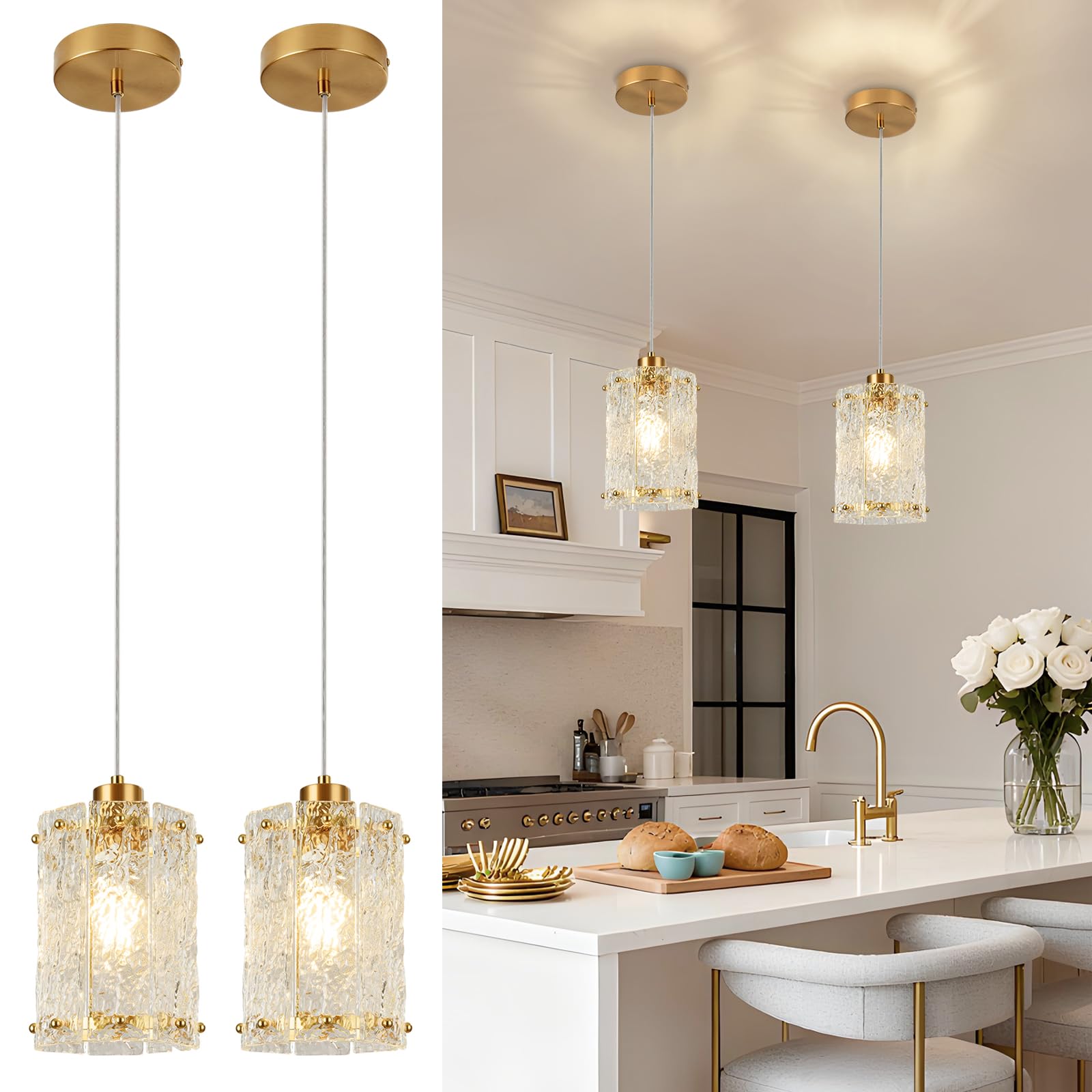 Photo 1 of RQKUACOB Gold Pendant Lights Kitchen Island 2 Pack Modern Water Ripple Glass Pendant Lights Mini Chandelier Adjustable Hanging Pendant Lighting for Kitchen Island Dining Room Over Sink Table Entryway
