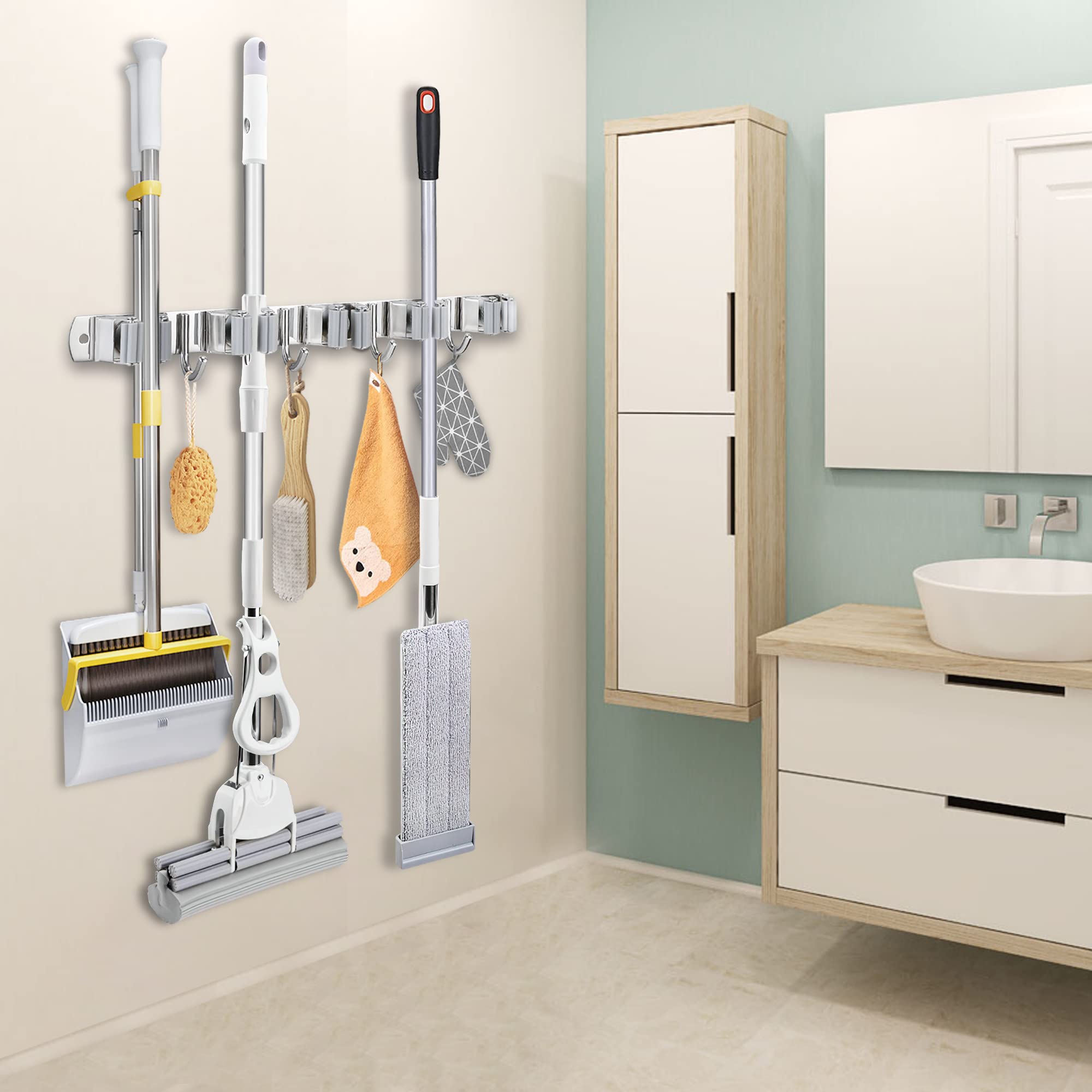 Soporte de pared para escoba, organizador de escoba de acero inoxidable y colgador de trapeador, organización de almacenamiento resistente para el hogar, cocina, jardín, garaje, 5 estantes y 8