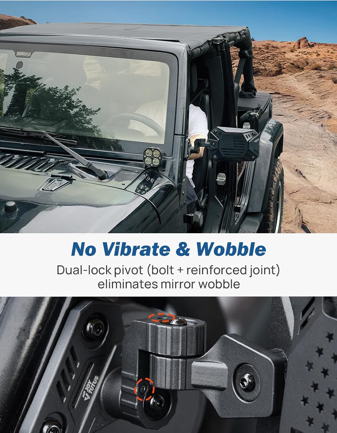 JOYTUTUS Wrangler Mirrors Doors Off Compatible with Wrangler TJ JK & Unlimited, Wrangler JK Side Mirrors for Wrangler 1997-2018, Wider View No Vibrate & Wobble (Patented), Does Not Fit on Doors - Image 3