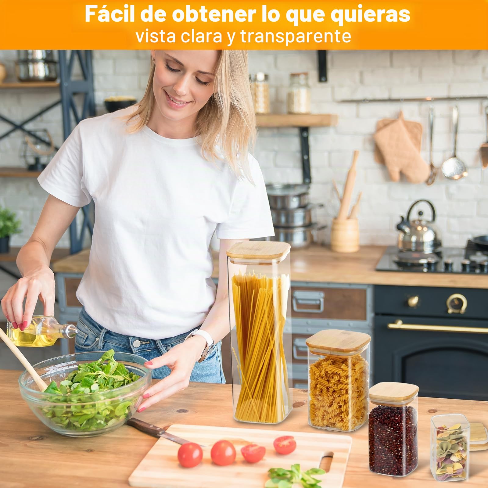 Withosent 11pcs Grandes Tarros de Cristal con Tapa Madera, 2400ml/ 1150ml/ 700ml/ 280ml Apilable Botes Cristal Tarros Especias, Frascos de Vidrio Cocina Almacenaje para Pasta, Cereales, Harina