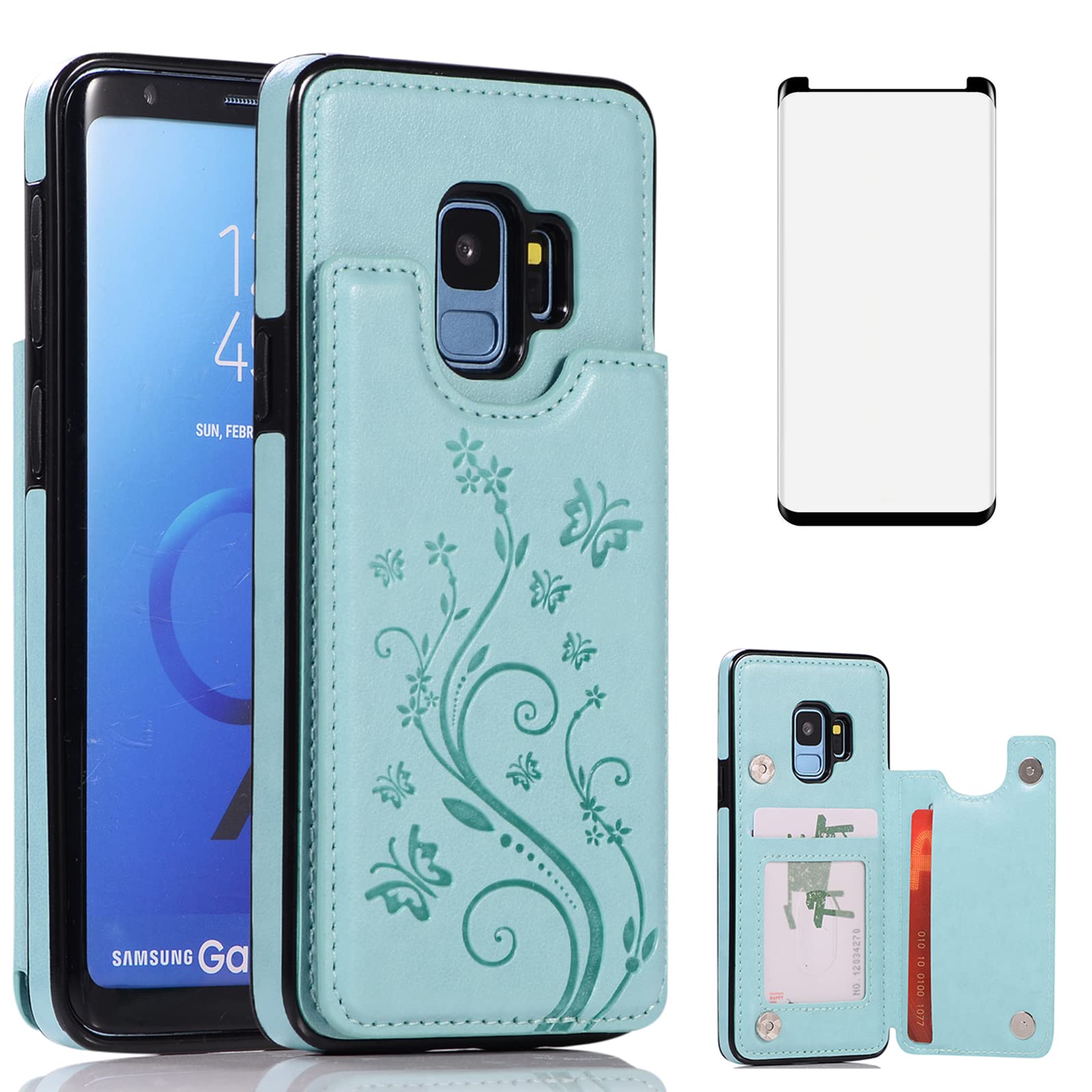 Phone Case for Samsung Galaxy S9 with Tempered Glass Screen Protector Card Holder Wallet Cover Stand Flip Butterfly Embosses Leather Cell Accessories