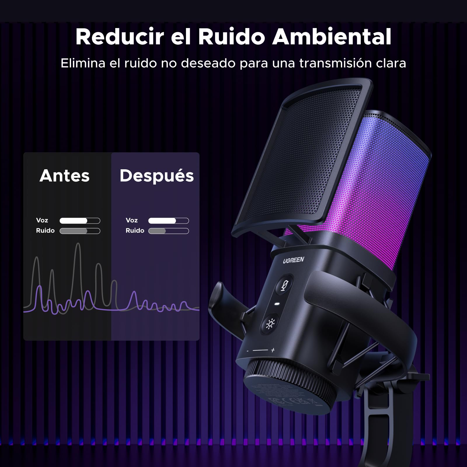 UGREEN Micrófono para Juegos USB con Efectos de Iluminación RGB | 96 KHz 24 Bits Reducción de Ruido DSP Para Grabación Juegos Transmisión en Vivo Podcasts Compatible con PS5 PS4 Portátiles
