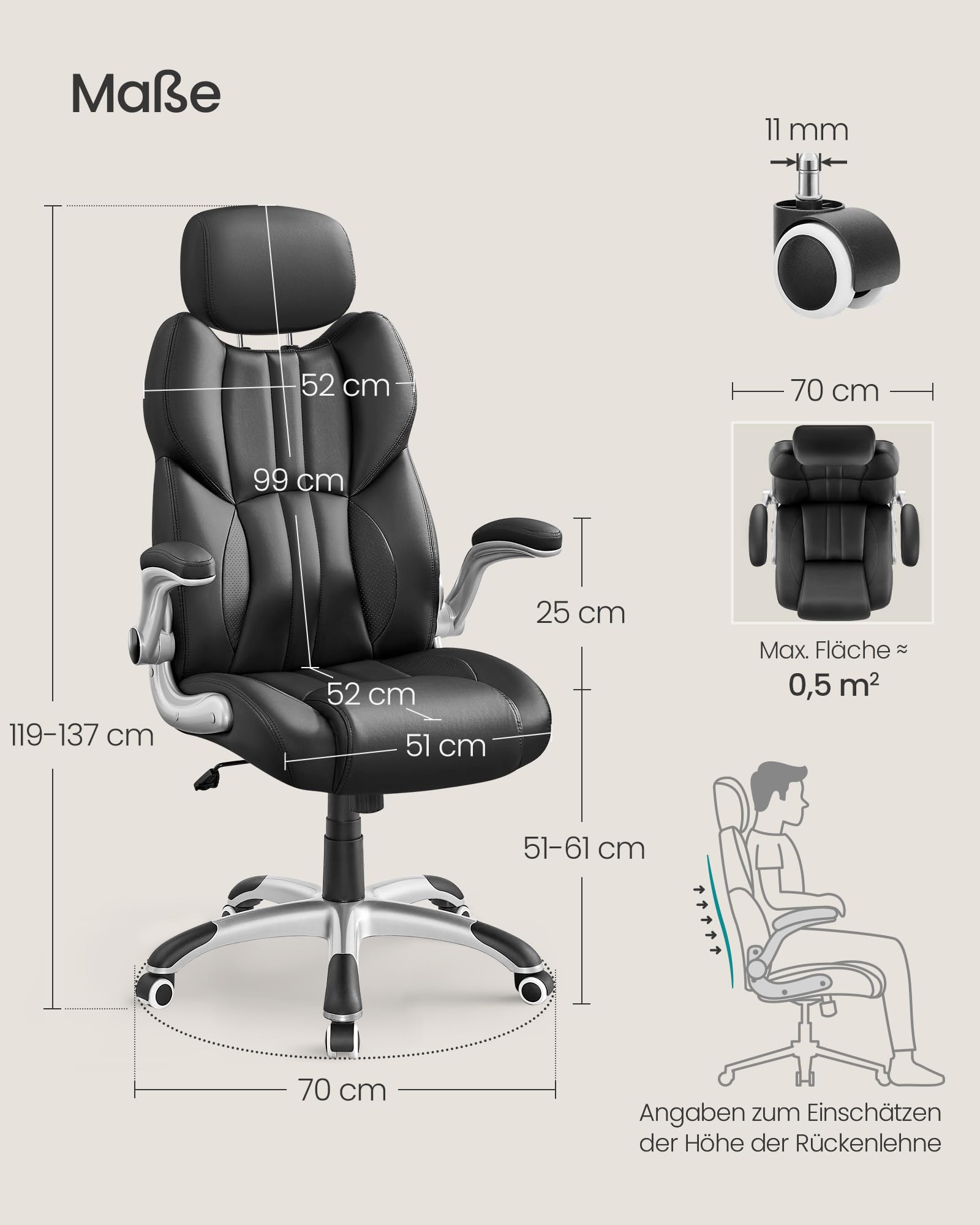 SONGMICS Bürostuhl, Gaming-Stuhl, verstellbare Kopfstütze, Wippfunktion, Schreibtischstuhl, verstellbare Armlehnen, Universalrollen, höhenverstellbar, tintenschwarz OBG65BK