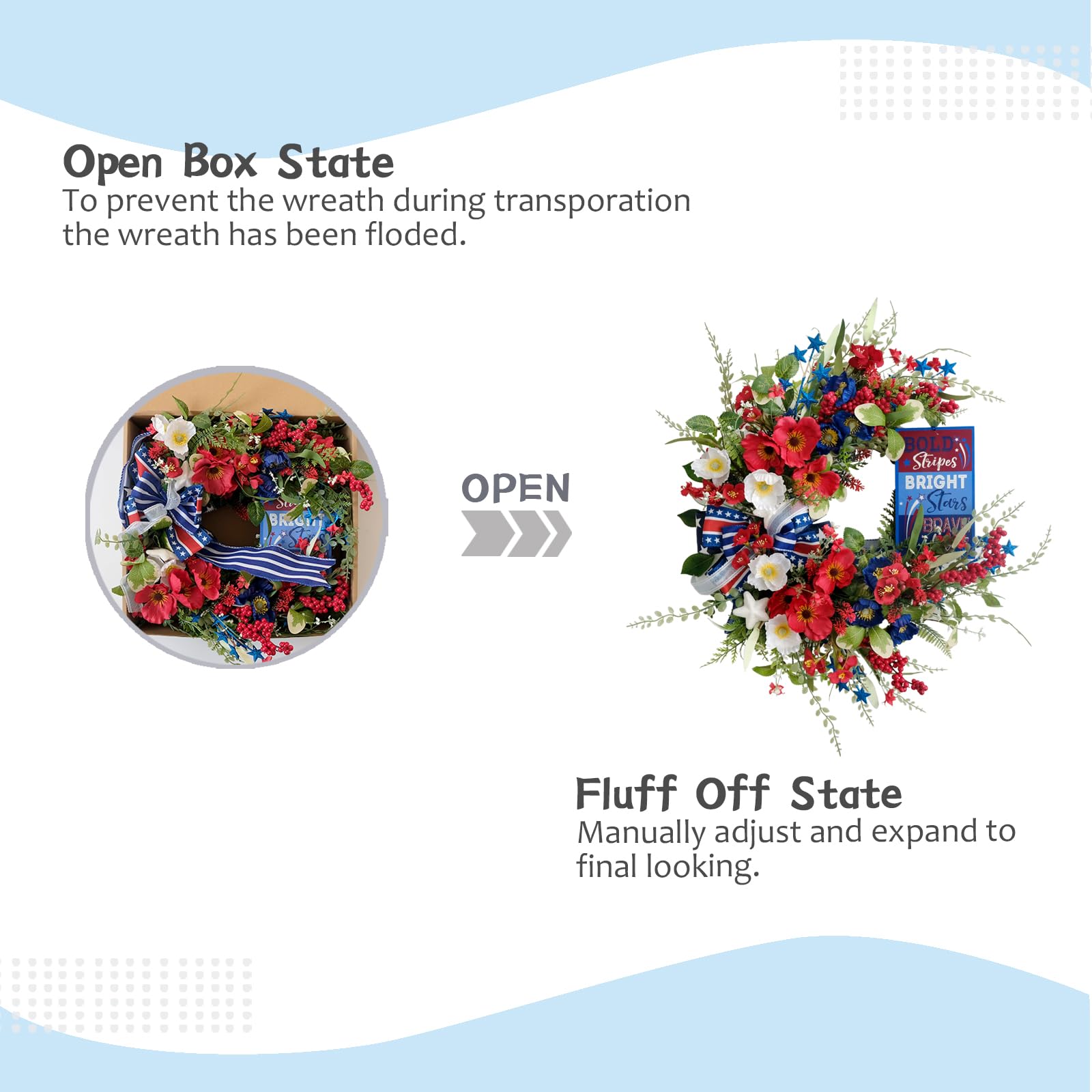 Couronne patriotique fabriquée à la main pour porte d'entrée – Couronne du 4 juillet avec coquelicots en soie, étoiles en métal et nœud superposé, décoration d'intérieur et d'extérieur