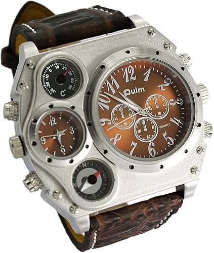Oulm reloj de correa de piel color café oscuro analógico 4 cuadrantes para hombre