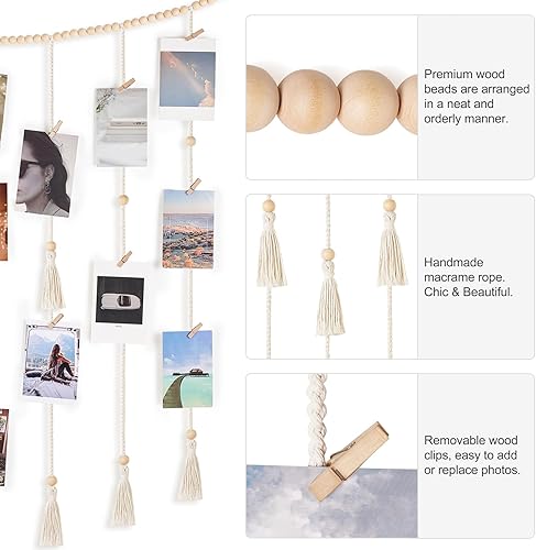 Miniatura 4 de Mkono Decoración de pared colgante de macramé con tira de luces, decoración bohemia para habitación y dormitorio, cuentas de madera, guirnalda de