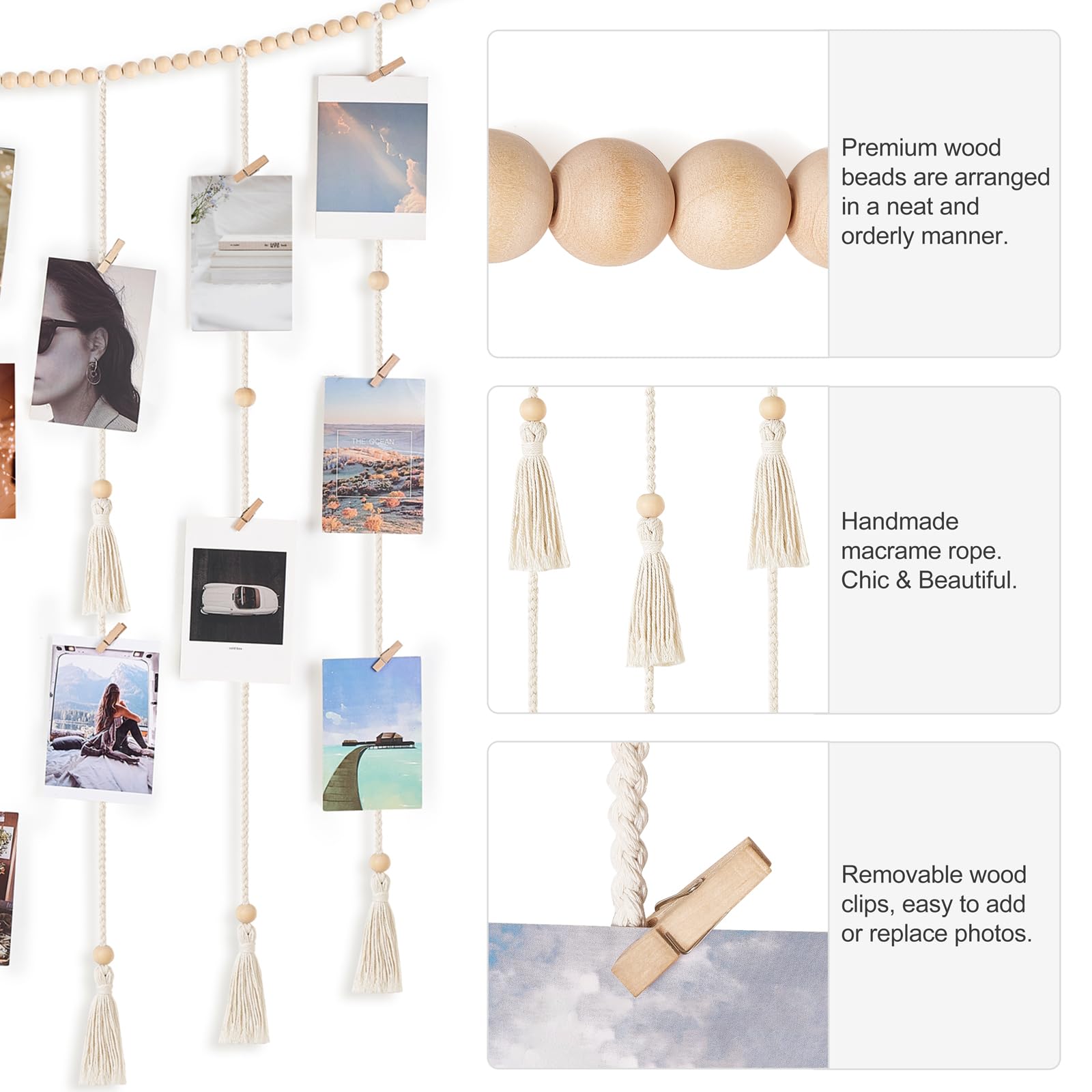 Decoración de pared colgante de macramé con tira de luces, estilo bohemio, habitación, cuentas de madera, guirnalda con 30 clips 4