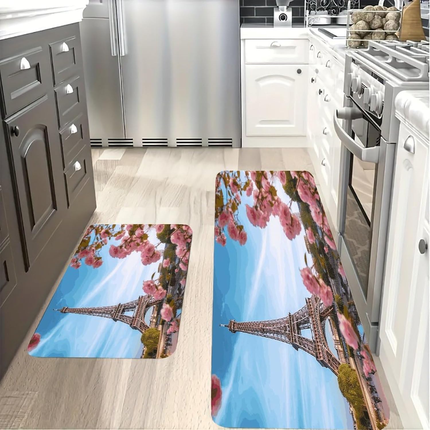 Paris Eiffel Tower with Flowers Kitchen Mats for Floor 2PCS Waterproof Non-Slip Kitchen Rugs Cushioned Anti-Fatigue Mat Heavy Duty Floor Mats Comfort Standing Mat for Kitchen Home Office Laundry image 4