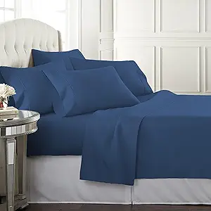 Danjor Linens Bed Sheet Set Full Size for Teens, Hotel Premium Sheets with 4 Pillowcases, Lightweight Brushed Microfiber Deep Pockets, Breathable Cooling 6 Piece Bedding Sets, Navy