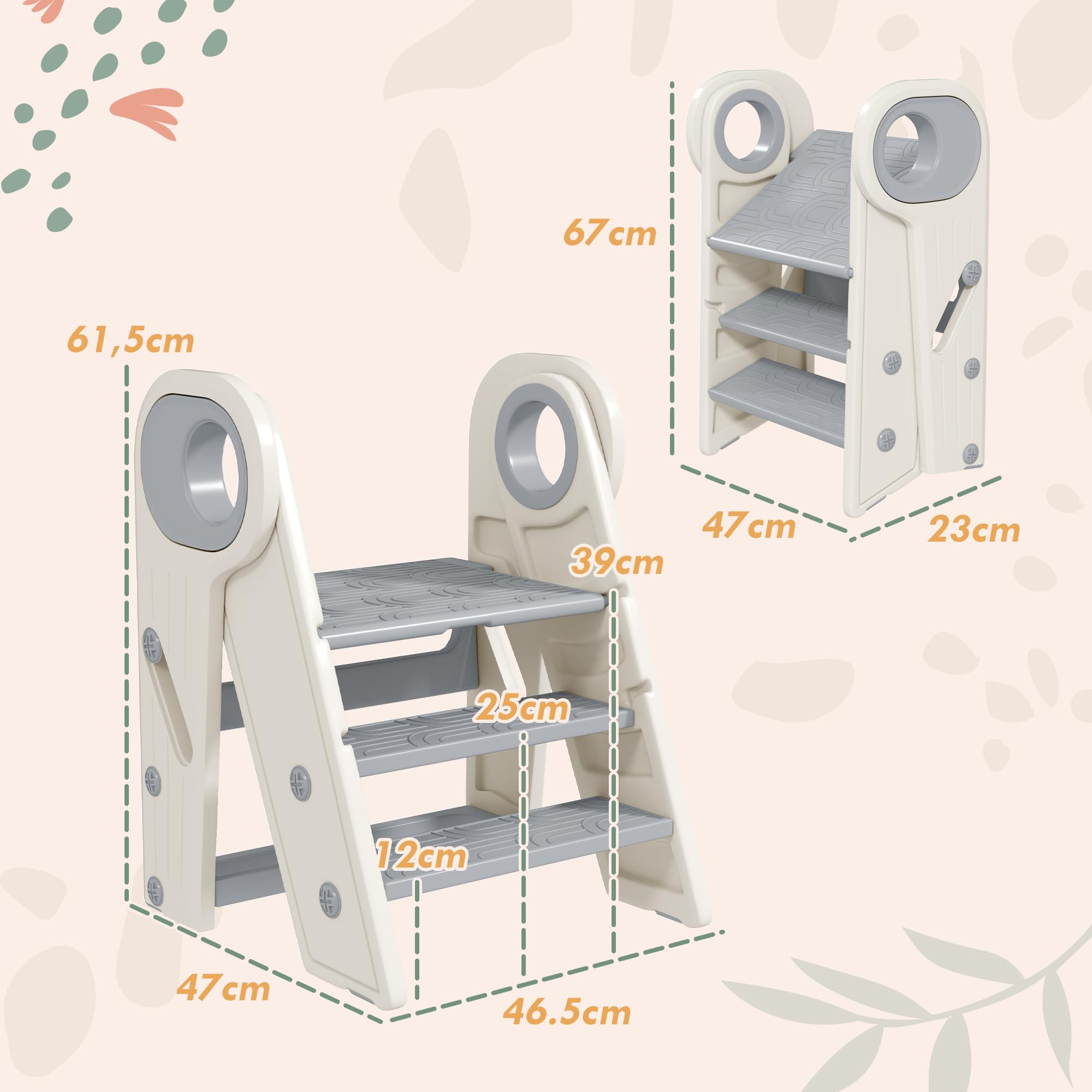 AIYAPLAY Marche Pied pour Enfant 3 marches, Pliable, avec poignées, Gris | Marchepied de cuisine pour enfant, hauteur ajustable, surface antidérapante, pour salle de bain, cuisine